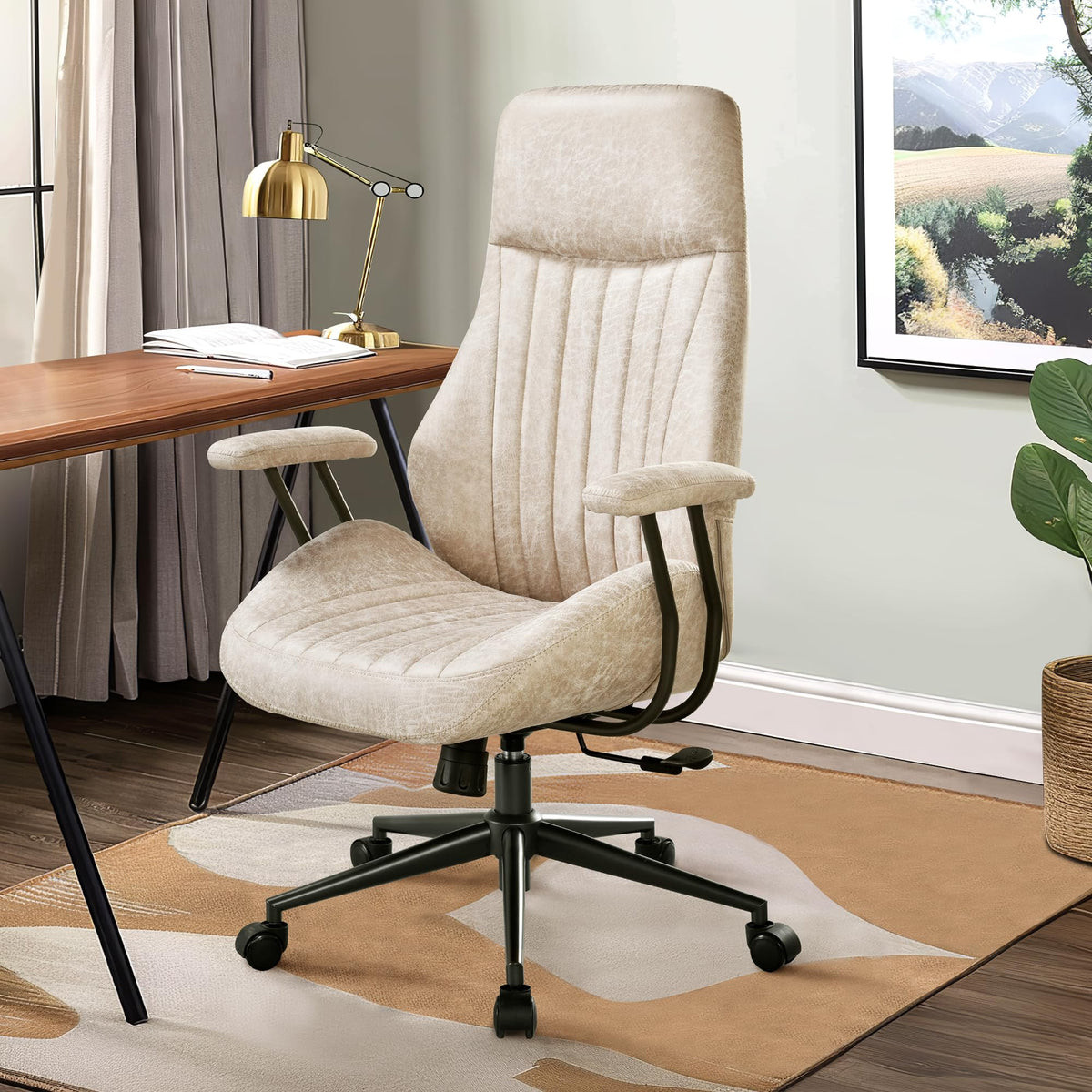 Mid Century Modren Office Chair,Computer Desk Swivel Task Chair With Wheels, High Back Ergonomic Executive Chair With Lumbar Sup