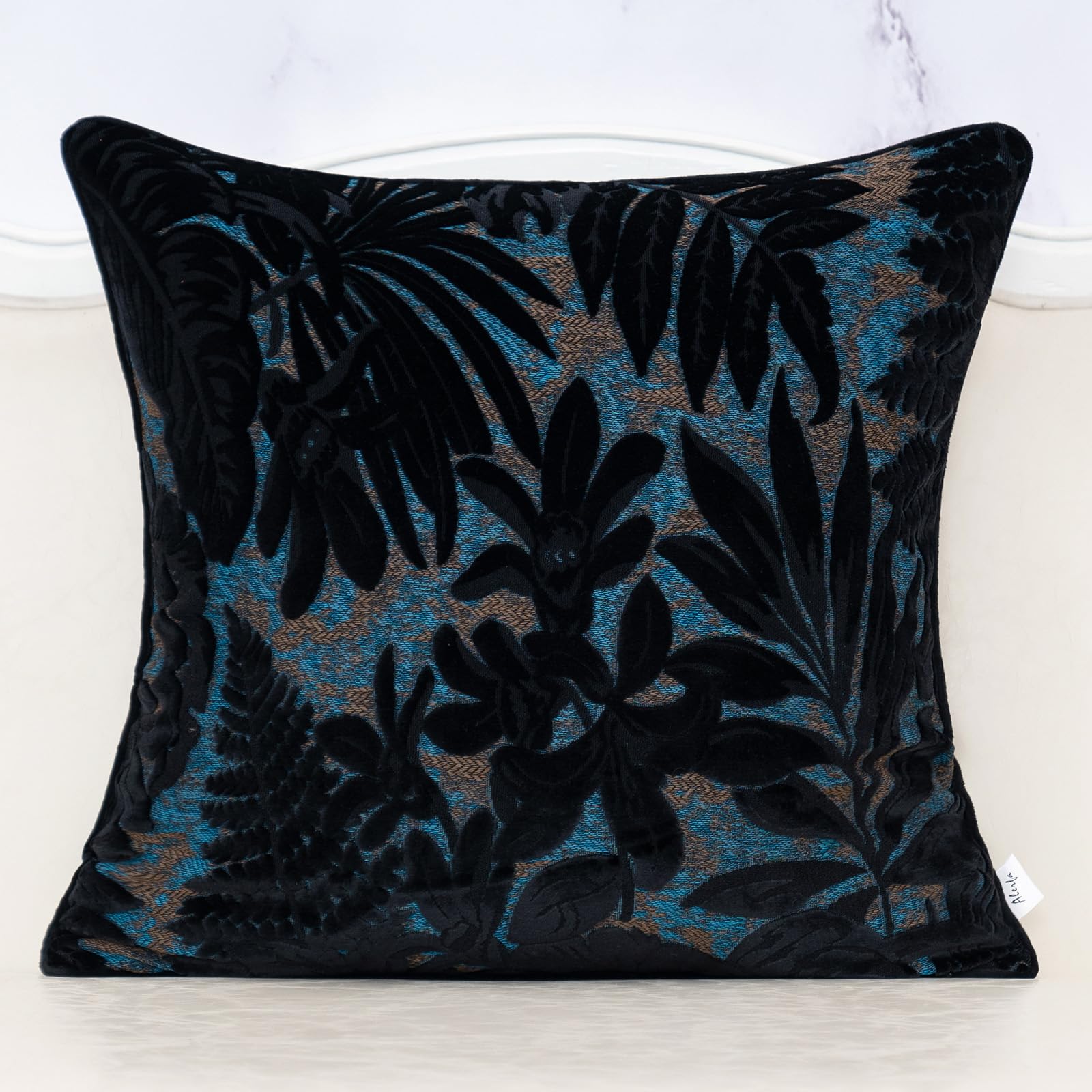 Alerfa Black Throw Pillow Cover 18X18 Inch, Square Cut Velvet Maple Leaf Embroidery Luxury Farmhosue Accent Decorative Pillow Co