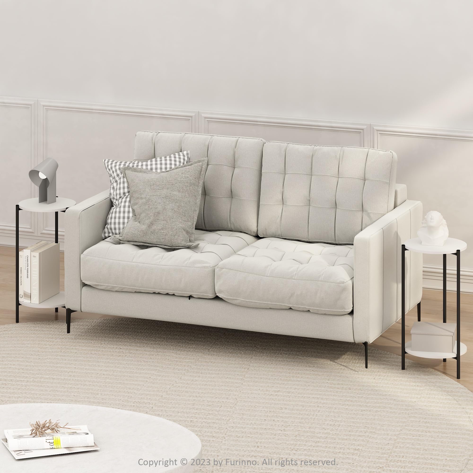 Furinno Besi 2-Tier Modern Tall Round Side End Table with Sturdy Metal Legs, Set of 2, White/Black