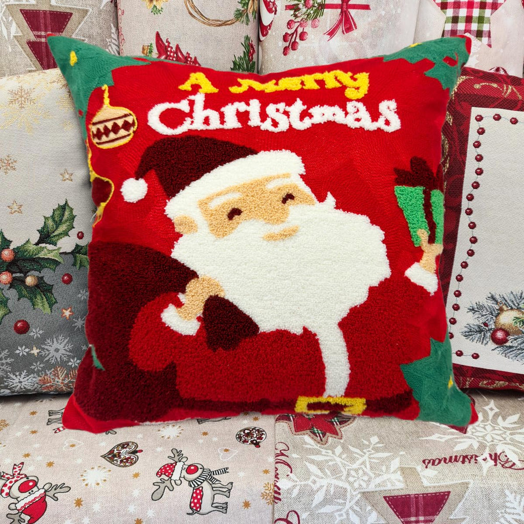 Alysheer Merry Christmas Santa Embroidered Decorative Throw Pillow Cover 18X18, Extra Thick Tufted Cozy Warm Cotton Cushion Case