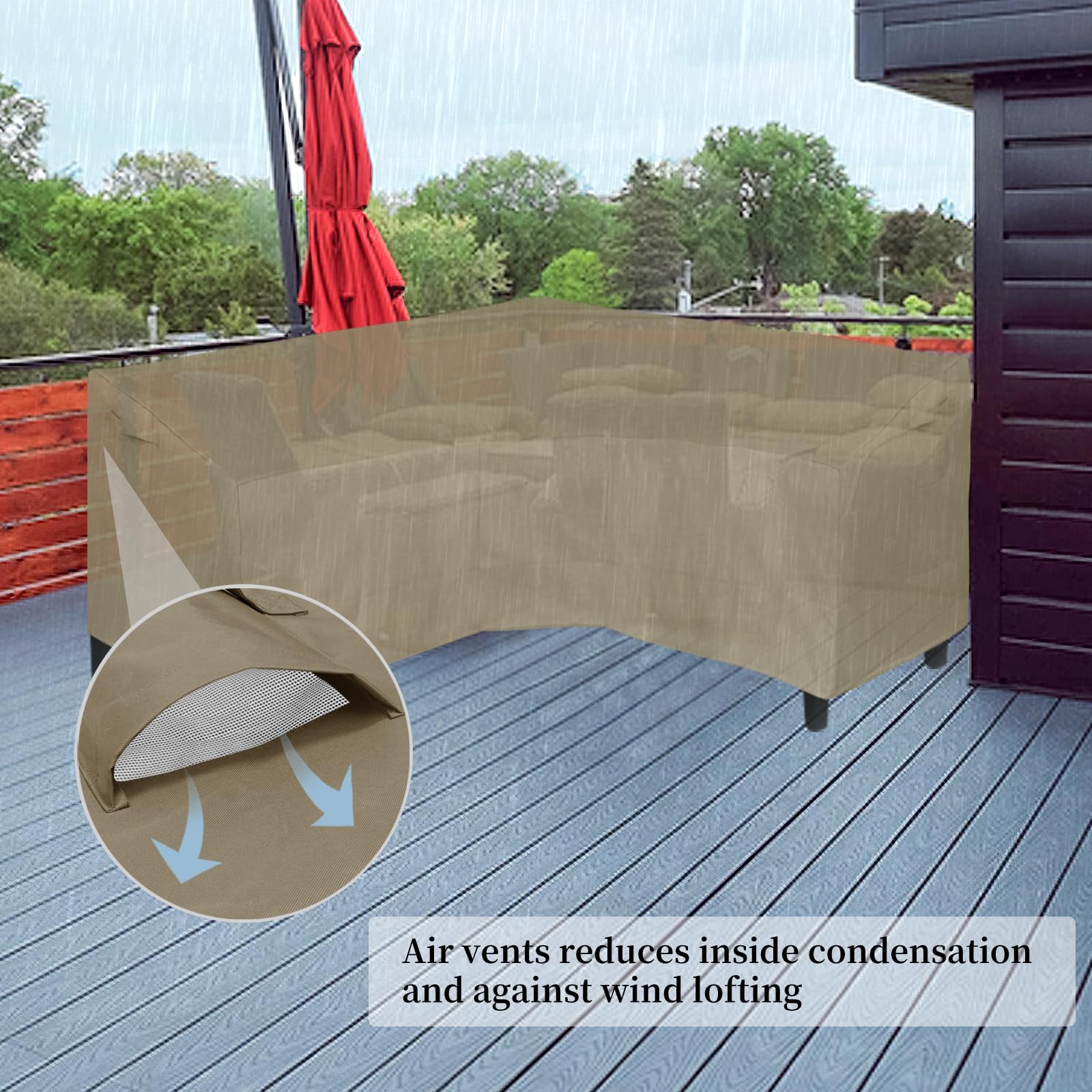 Easy-Going Patio V-Shaped Sectional Sofa Cover, Heavy Duty Outdoor Sectional Cover, Waterproof Furniture Cover With Air Vent 85' L (On Each Side) X 33.5' D X 31' H, Camel