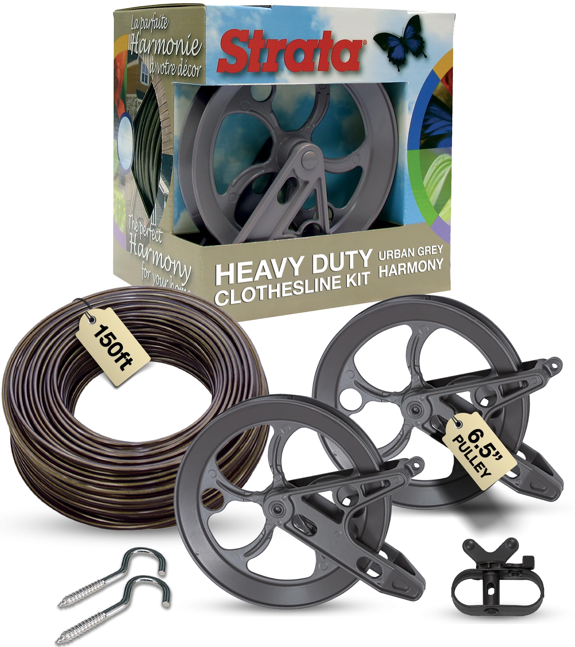 Strata Urban Grey Harmony Clothesline Outdoor Heavy Duty Kit - 150 Feet Galvanized Wire PVC Coating, 6.5 Clothesline Pulley 2pcs
