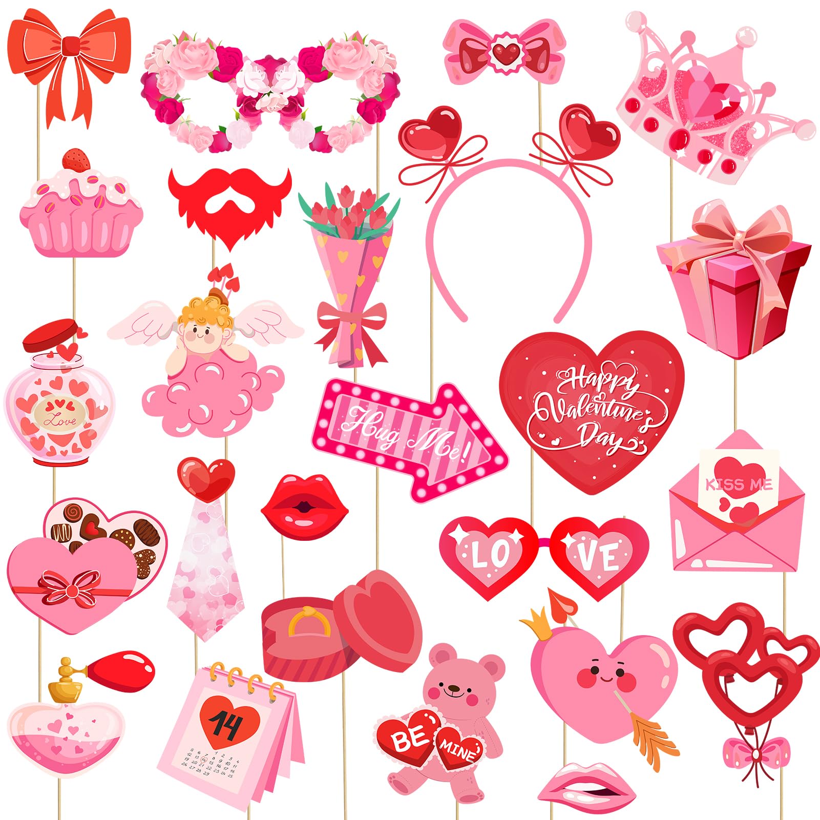 JXYCBZYing Hot Pink Valentine's Day Photo Booth Props - Pack of 24 | Happy Lovers Selfie Photo Booth Props for Valentines Day Pa