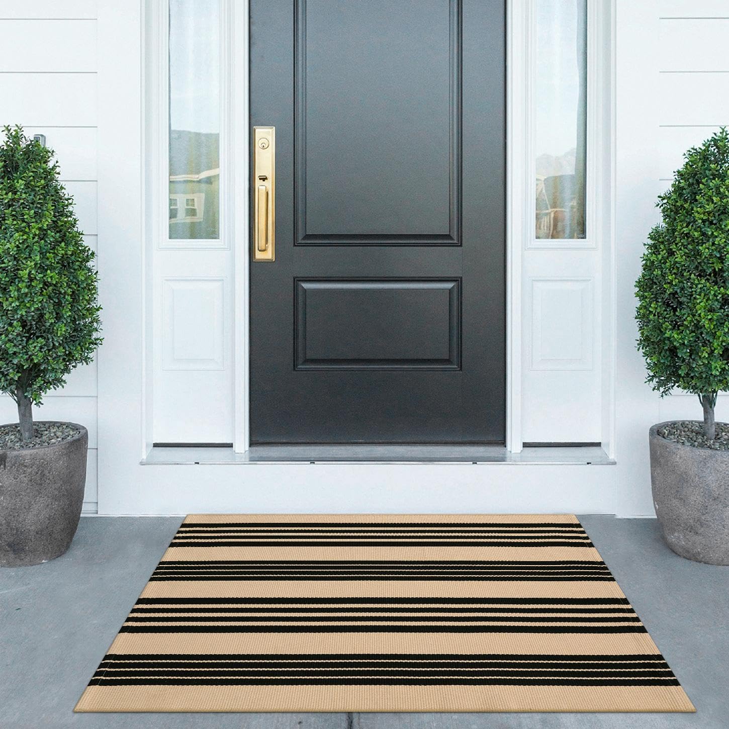 Kimode Striped Fall Outdoor Rug Decor 27.5X43 Inches, Black And Khaki Front Porch Rug,Reversible Washable Front Door Mats,Hand W