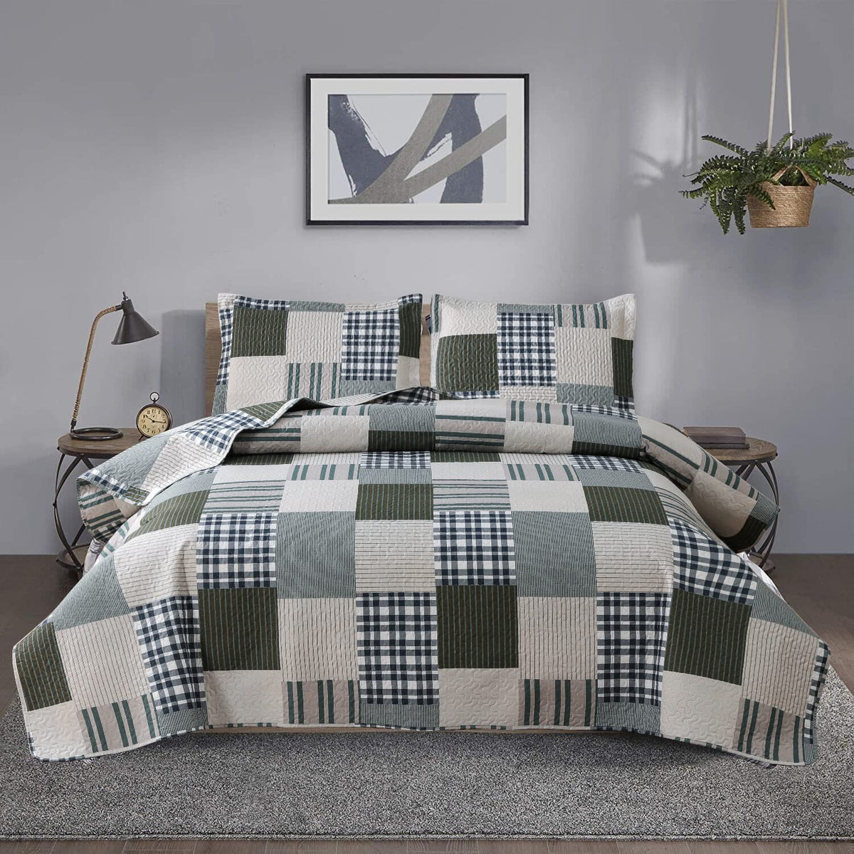 Jessy Home Bedspread Set Twin Size Quilt Set Bedding Lightweight Bedspread Plaid Patchwork Bedding Reversible Quilt Stripe Line