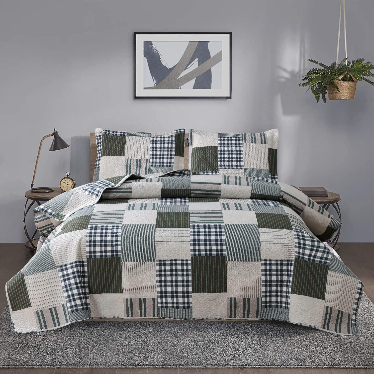 Jessy Home Bedspread Set King Size Quilt Set Bedding Lightweight Bedspread Plaid Patchwork Bedding Reversible Quilt Stripe Line