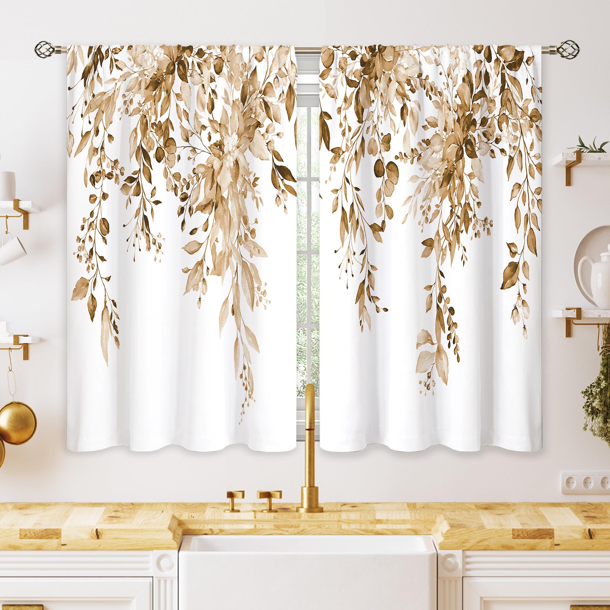 Oolygoo Eucalyptus Botanical Leaves Floral Kitchen Window Curtains Over Sink Farmhouse Flower Leaf Small Window Treatment Tan Fl