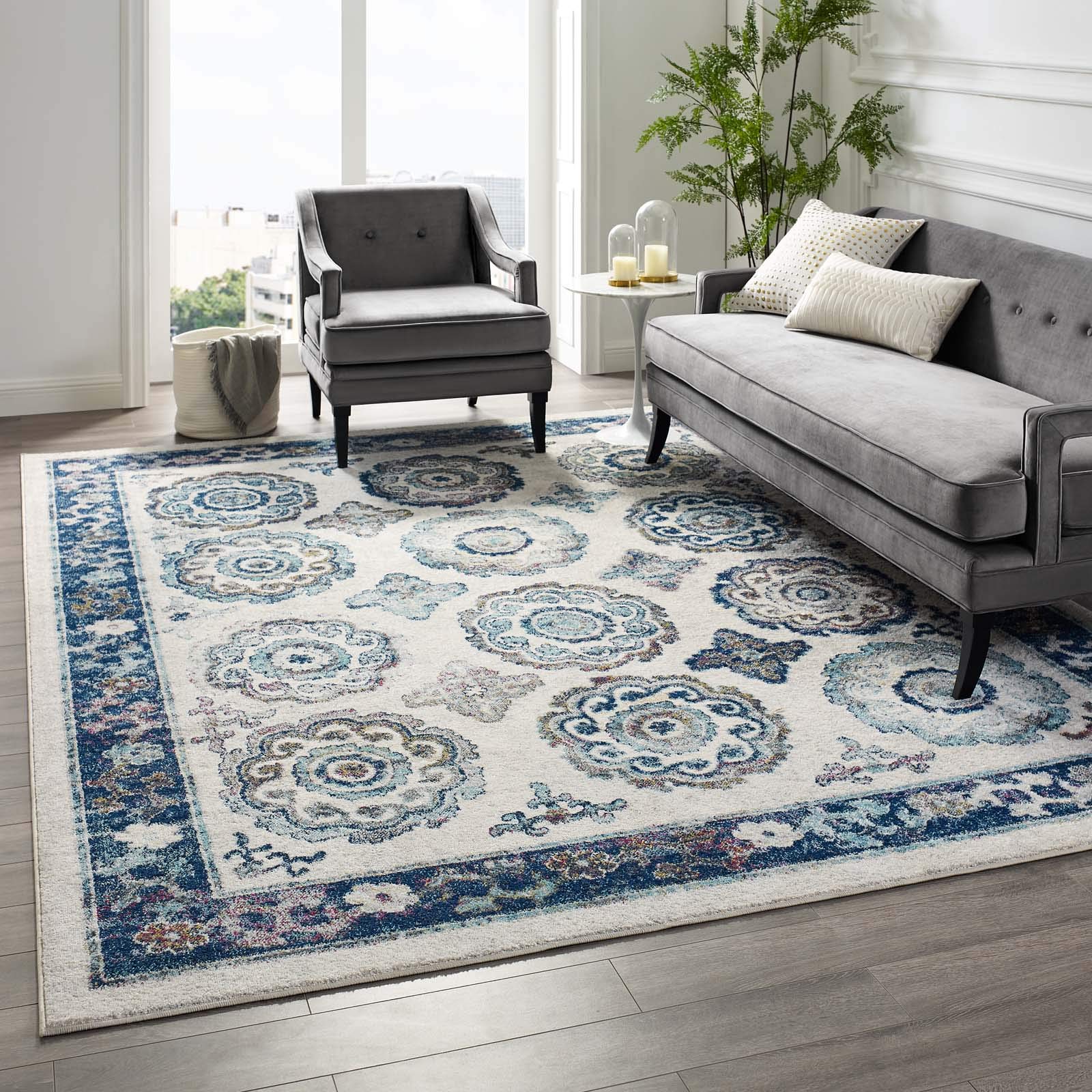 Modway Entourage Odile Transitional Distressed Vintage Floral Moroccan Trellis 8X10 Area Rug, Ivory And Blue