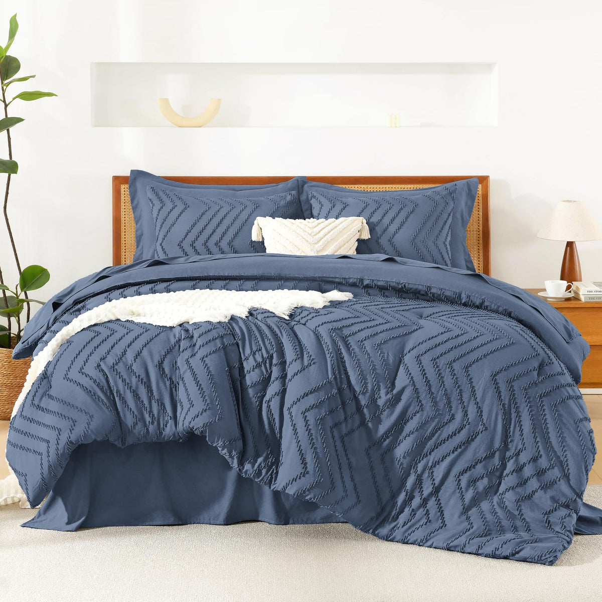 Litanika Queen Size Comforter Set With Sheets Ocean Blue - 7 Pieces Bed In A Bag Queen Chevron Tufted Complete Beddding Sets Wit
