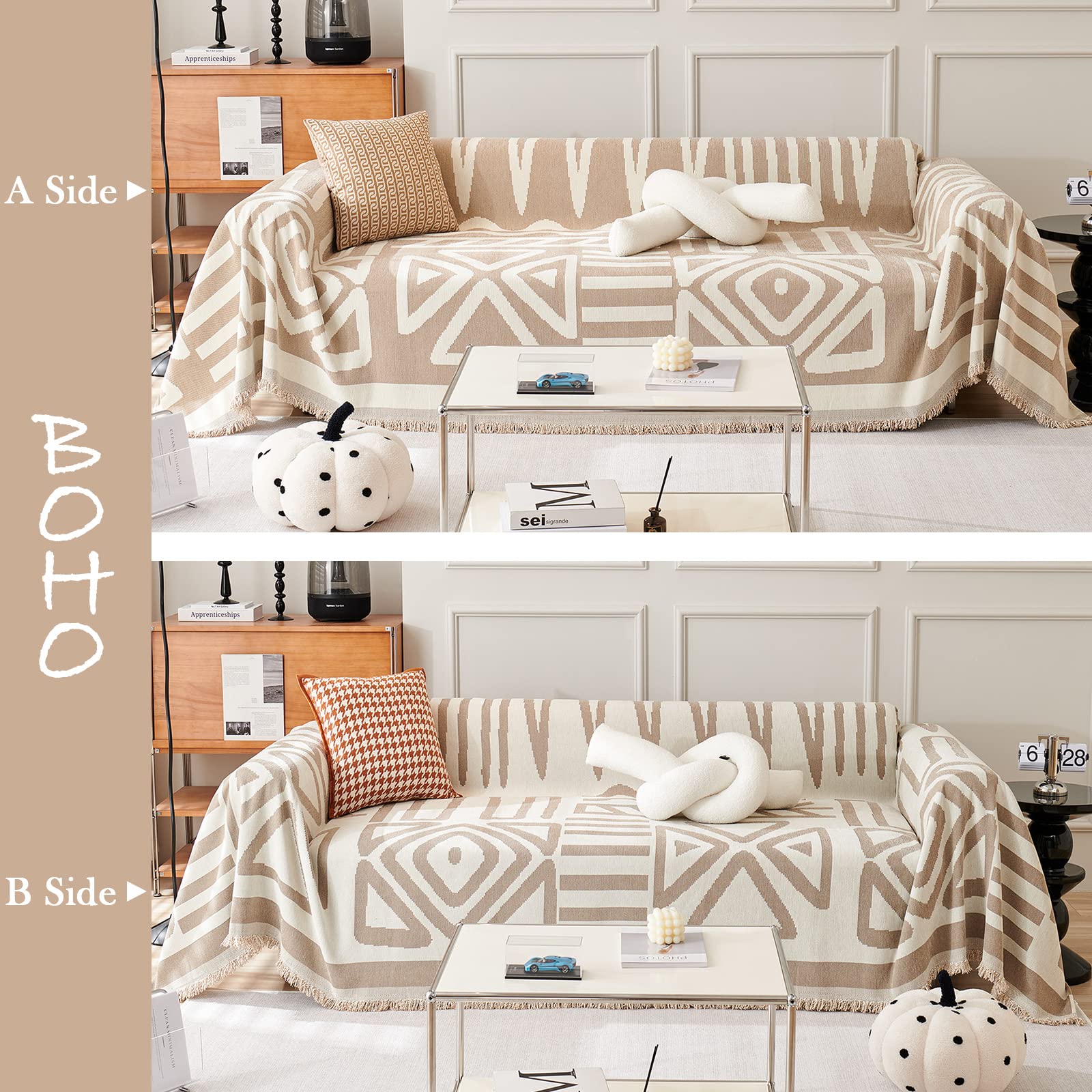 Handontime Sofa Covers For Sectional Sofa Set Boho Couch Cover For Dogs Khaki Throw Couch Cover With Tassel Loveseat Covers Futon Cover L Shaped Cover Washable Chenille Couch Protector, 91' X134'