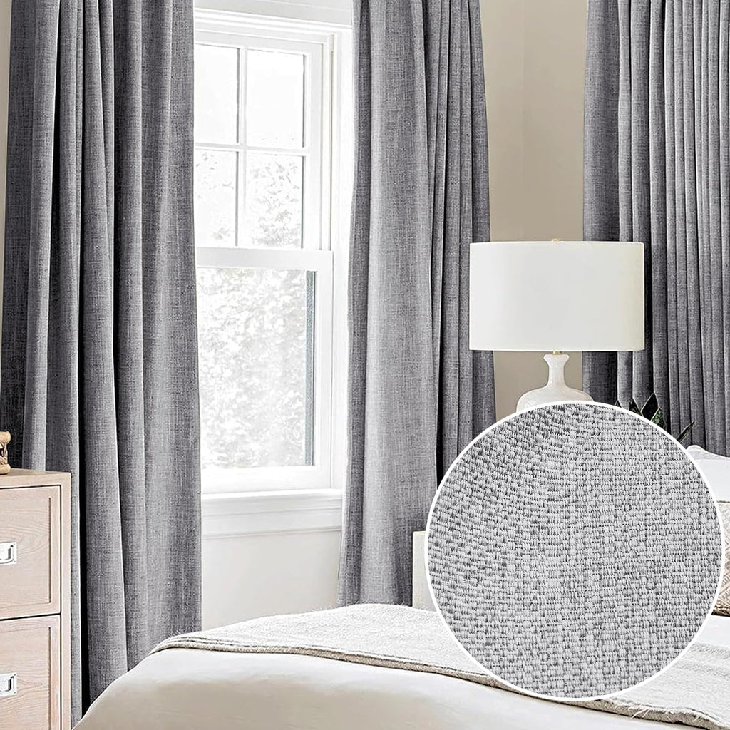 Grey Full Blackout Linen Curtains For Bedroom, Small Thermal Insulated Noise Reducing Curtain Drapes Rustic Farmhouse Triple Wea