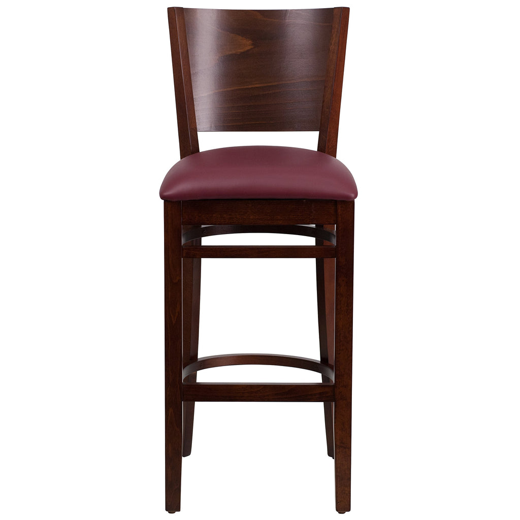 Flash Furniture Lacey Series Solid Back Walnut Wood Restaurant Barstool - Burgundy Vinyl Seat
