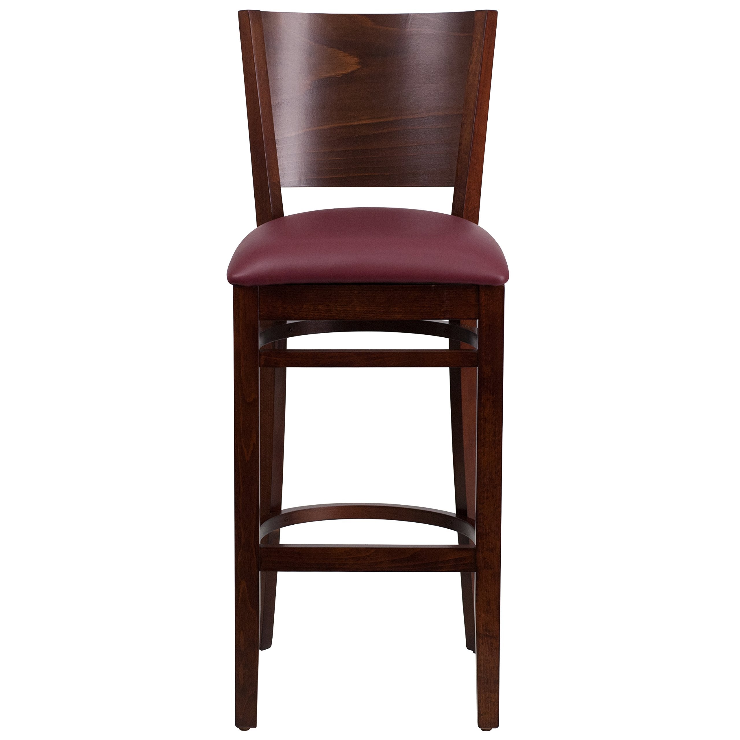 Flash Furniture Lacey Series Solid Back Walnut Wood Restaurant Barstool - Burgundy Vinyl Seat