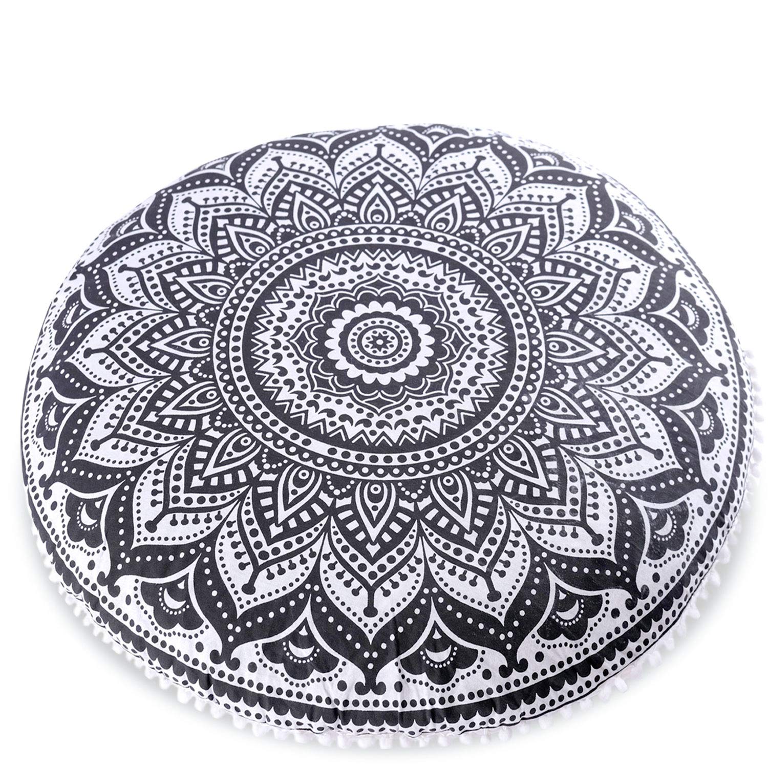 Mandala Life Art Bohemian Yoga D  Cor Floor Cushion Cover - Round Mediation Pillow Case - Hand Printed Organic Cotton Pouf (Pouf