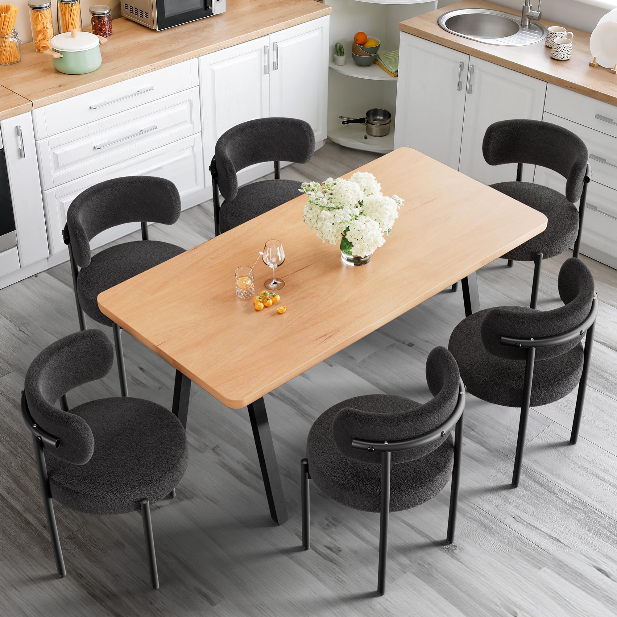 Patioperk Boucle Dining Chairs Set Of 6, Black Mid Century Morden Chair With Curved Backrest, Round Upholstered Sherpa With Meta