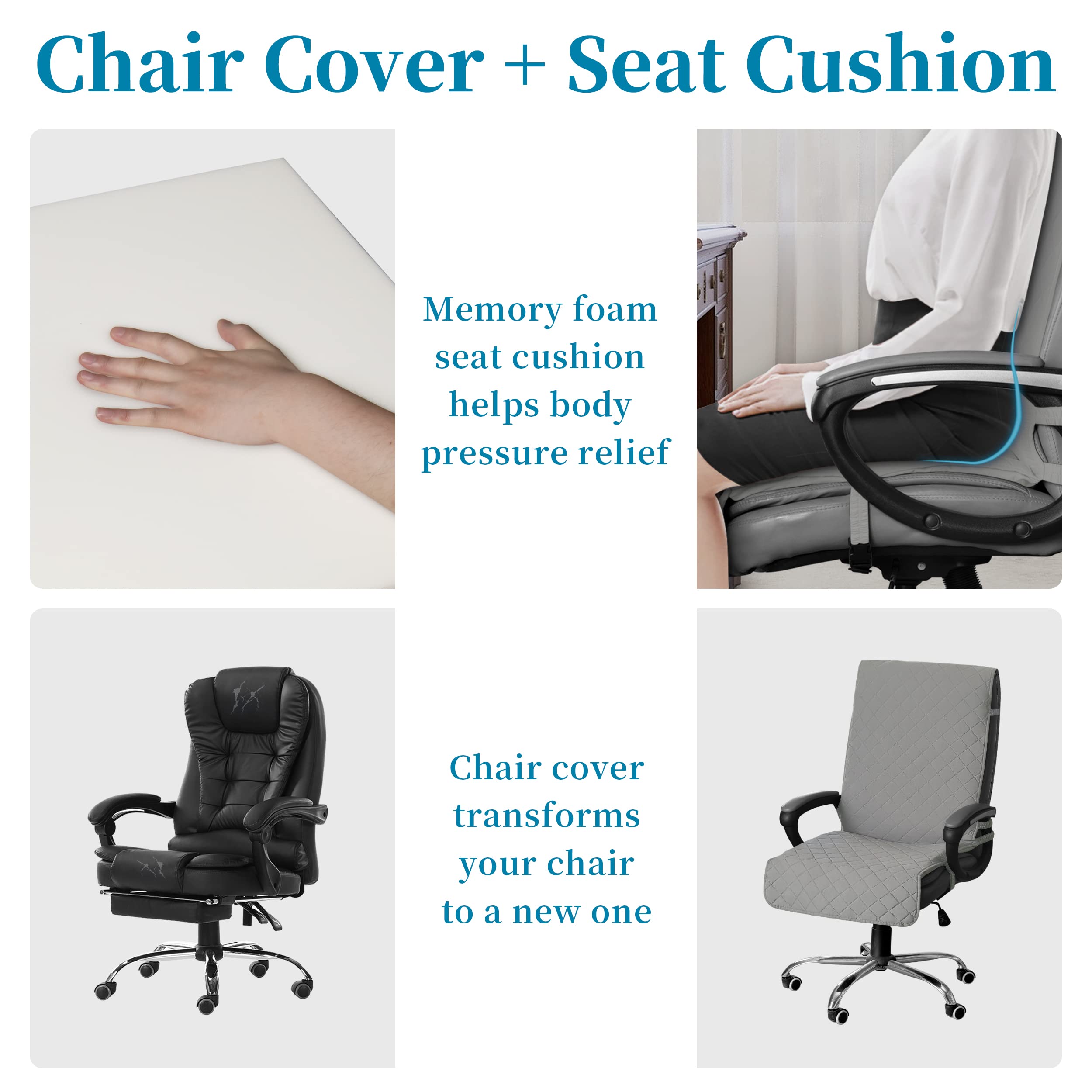 Easy-Going Quilted Microfiber Office Chair Cover With Soft Memory Foam Seat Cushion Water Resistant Desk Computer Chair Slipcover Anti-Slip Chair Protector (Medium, Light Gray)