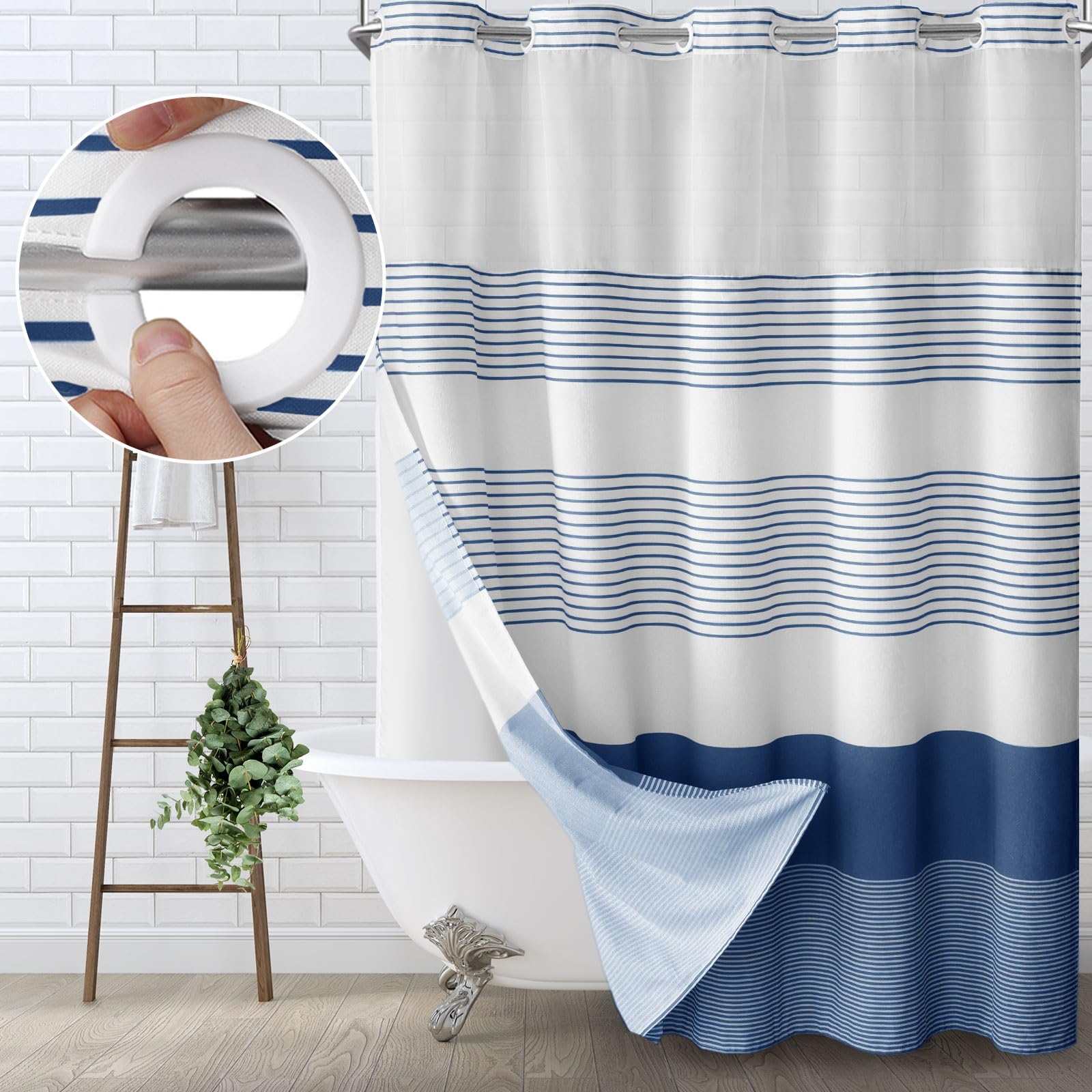 Awellife No Hook Shower Curtain with Snap in Liner Set Cotton and Linen Blend Shower Curtain for Bathroom Boho Navy Striped (No 