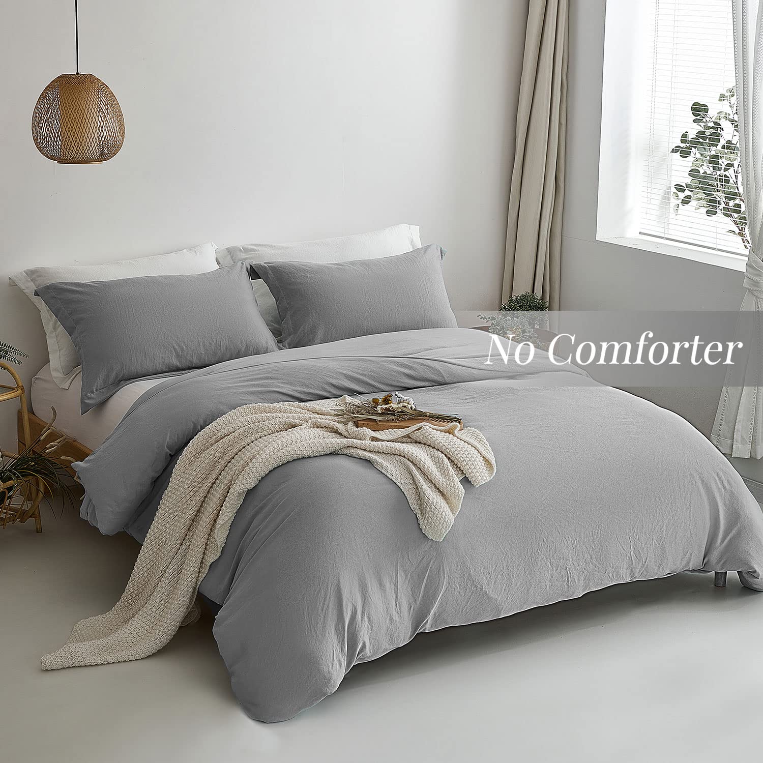 Mildly Super Soft Duvet Cover - 100% Washed Microfiber Light Grey Comforter Cover Set 3 Pieces With Zipper Closure & Corner Ties