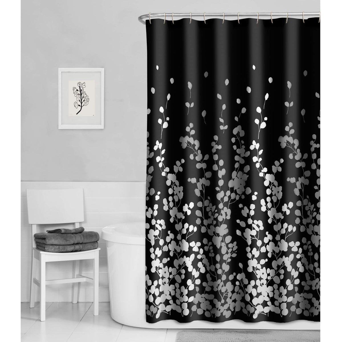 Maytex Sylvia Printed Faux Silk Fabric Shower Curtain, Black And White, 70 X 72 Inches