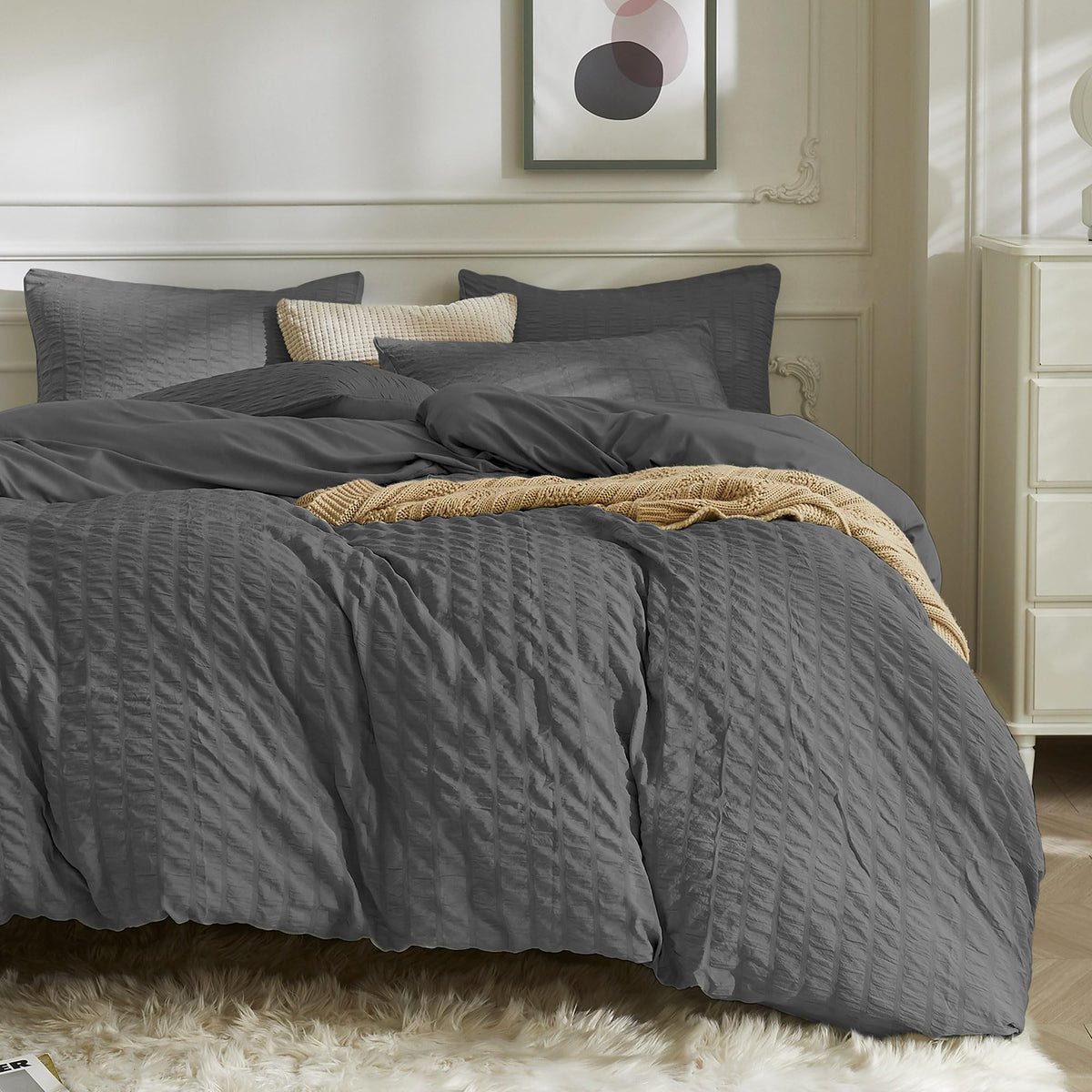 Jellymoni Charcoal Grey Duvet Cover Full Size, 3Pcs Washed Microfiber Bedding Set, Soft Breathable Seersucker Duvet Cover Set Wi
