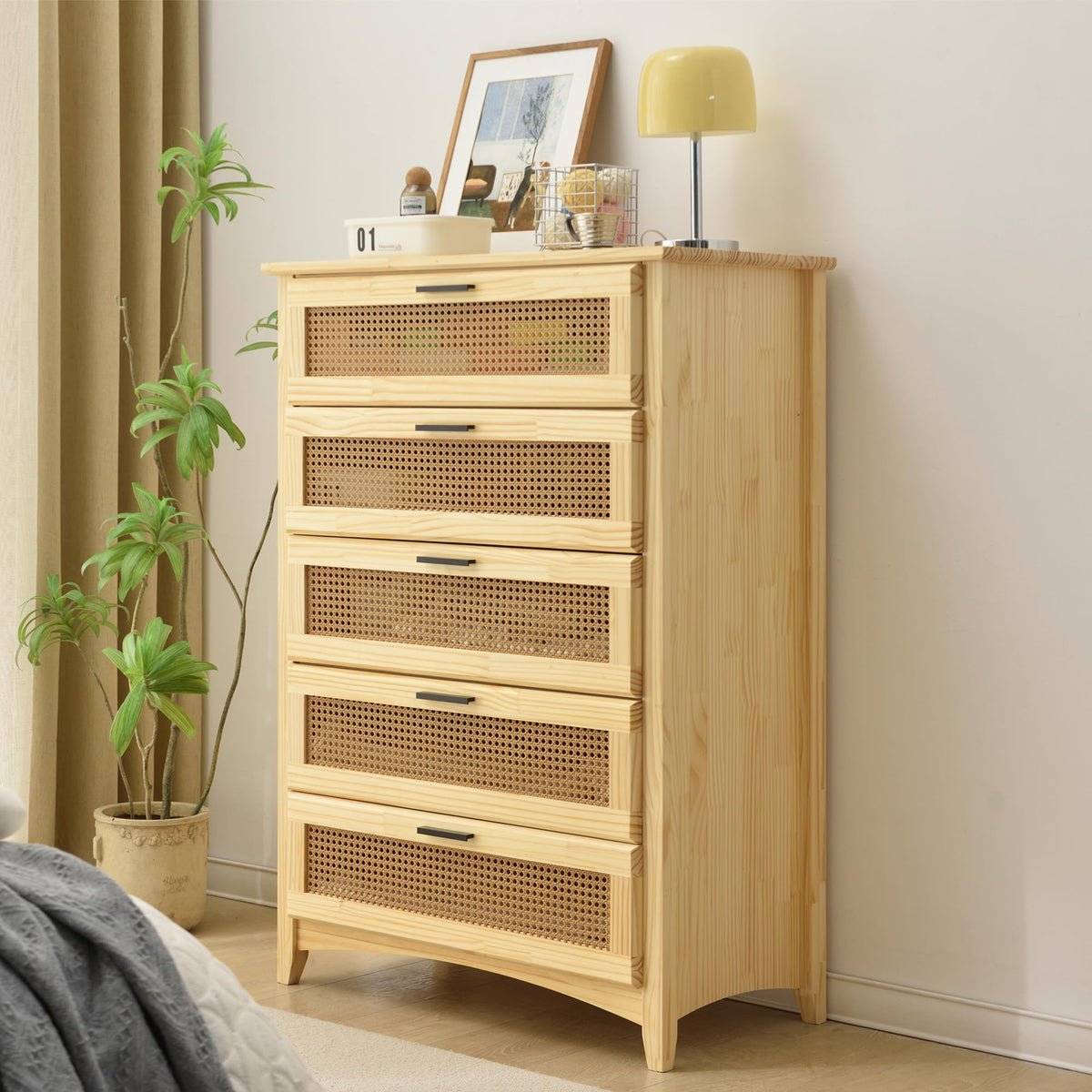 Woodpeckers Furniture And Mattress Pine Wood Chest with Rattan Drawers (Natural)