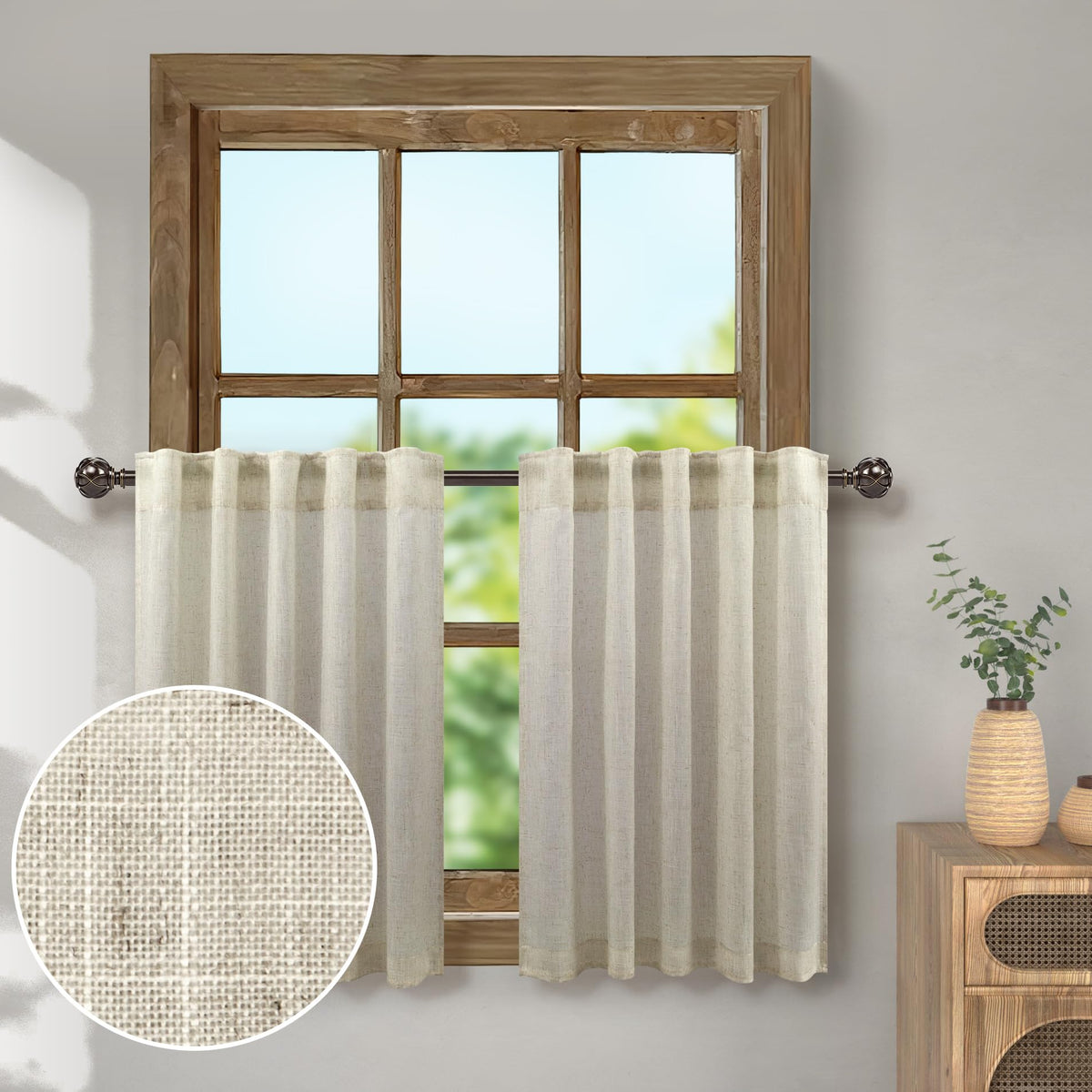 Pitalk Flax Linen Cafe Curtains For Kitchen Door, Semi Sheer Mini Curtains & Drapes For Bedroom Bathroom Window Farmhouse Cover
