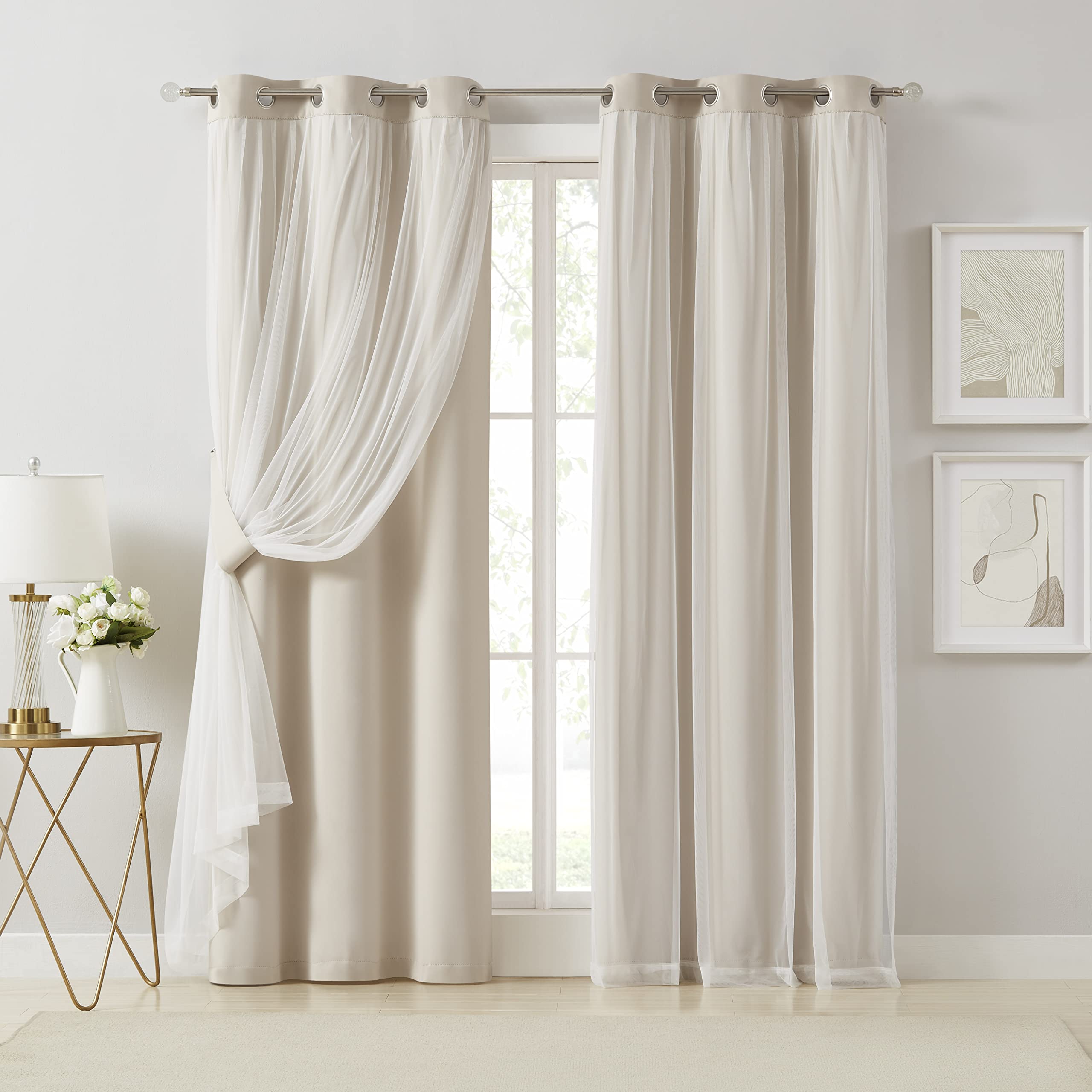 Bujasso Beige 90% Blackout Curtains With Sheer Overlay Mix And Match Double Layer Thermal Insulated Window Panels 108 Inch For L