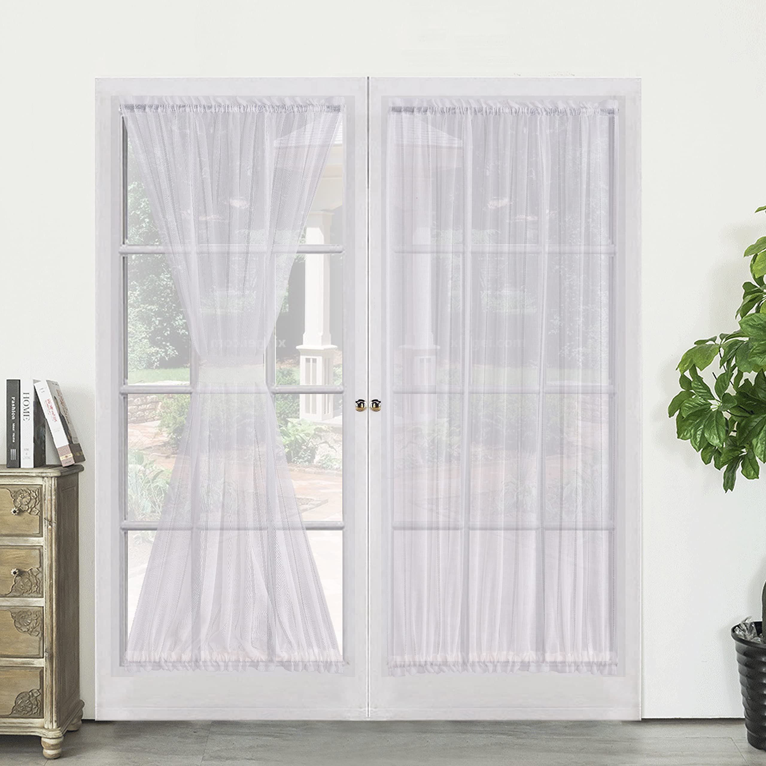 Demetex French Door Curtains Set of 2 Panels witht Tievbacks Semi Sheer Door Curtains for Door Striped Elegence Basic Rod Pocket