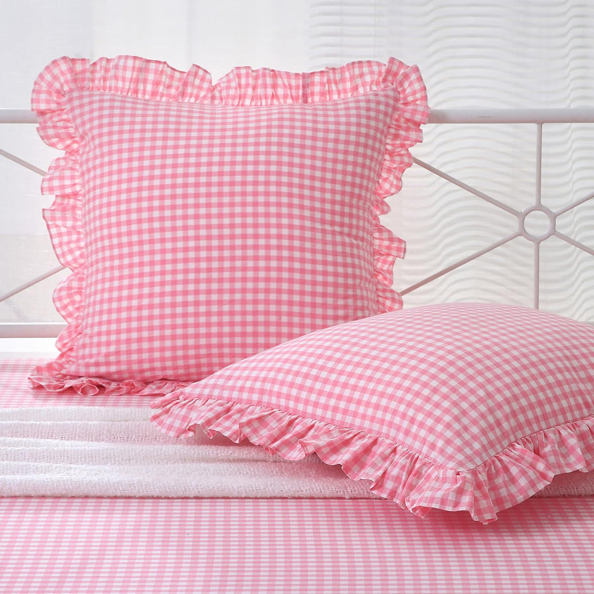 K Masaniji 2 Pack Coral Pink White Plaid Ruffle Euro Shams Pillow Covers 26X26 Inches, 100% Cotton Gingham Checkered Farmhouse S