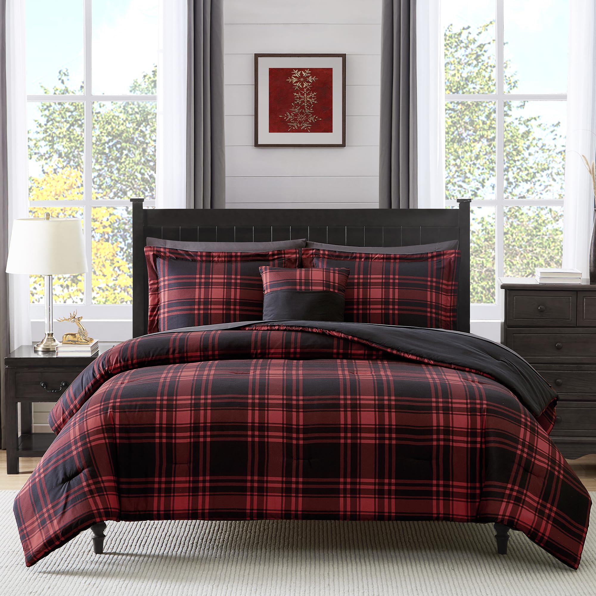Maireve Full Size Comforter Sets, Red Black Plaid Comforter Set 7 Pieces, All Season Bedding Sets Full, Festival Bedding Warm An