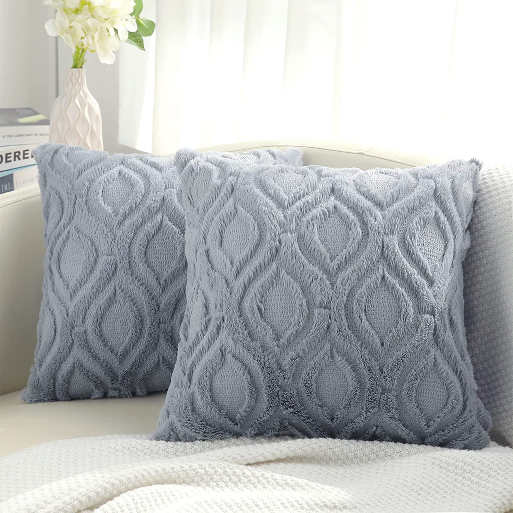 Decoruhome Decorative Throw Pillow Covers 16X16, Soft Plush Faux Wool Couch Pillow Covers For Home, Set Of 2, Blue Grey