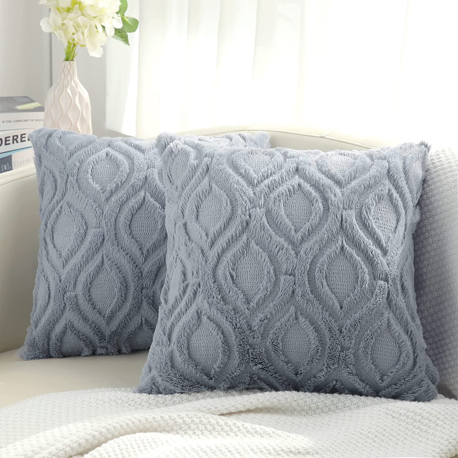 Decoruhome Decorative Throw Pillow Covers 16X16, Soft Plush Faux Wool Couch Pillow Covers For Home, Set Of 2, Blue Grey