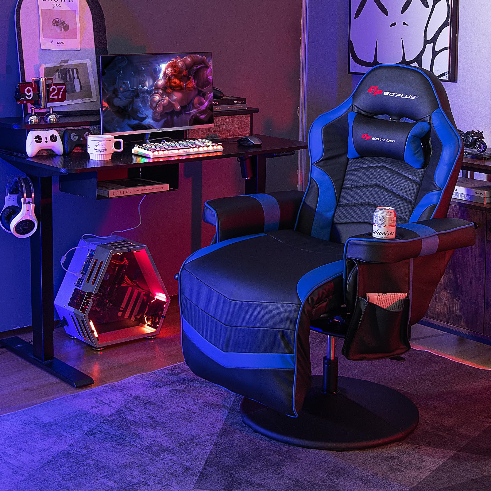 Powerstone Gaming Recliner, Adjustable Massage Gaming Chair With Cup Holder Footrest Ergonomic Single Sofa Living Room Home Theater Seating With Side Pouch (Blue)