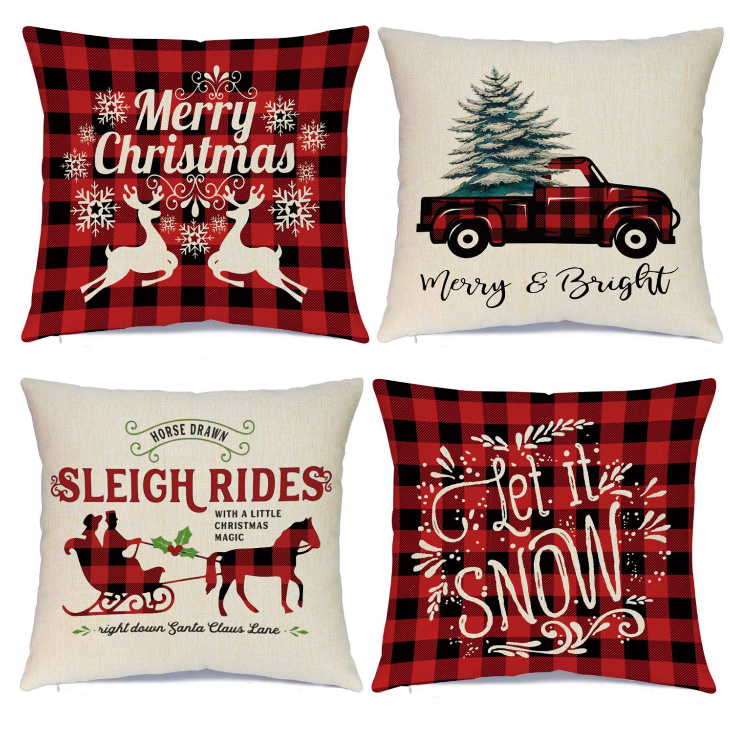 Hlonon Christmas Pillow Covers 18 X 18 Inches Set Of 4 - Xmas Series Cushion Cover Case Pillow Custom Zippered Square Pillowcase
