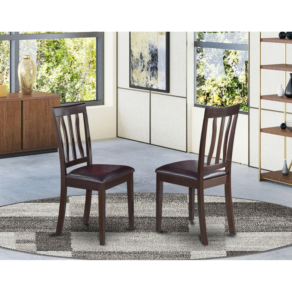 East West Furniture ANC-CAP-LC Antique Dining Chairs - Faux Leather Upholstered Wooden Chairs, Set of 2, Cappuccino
