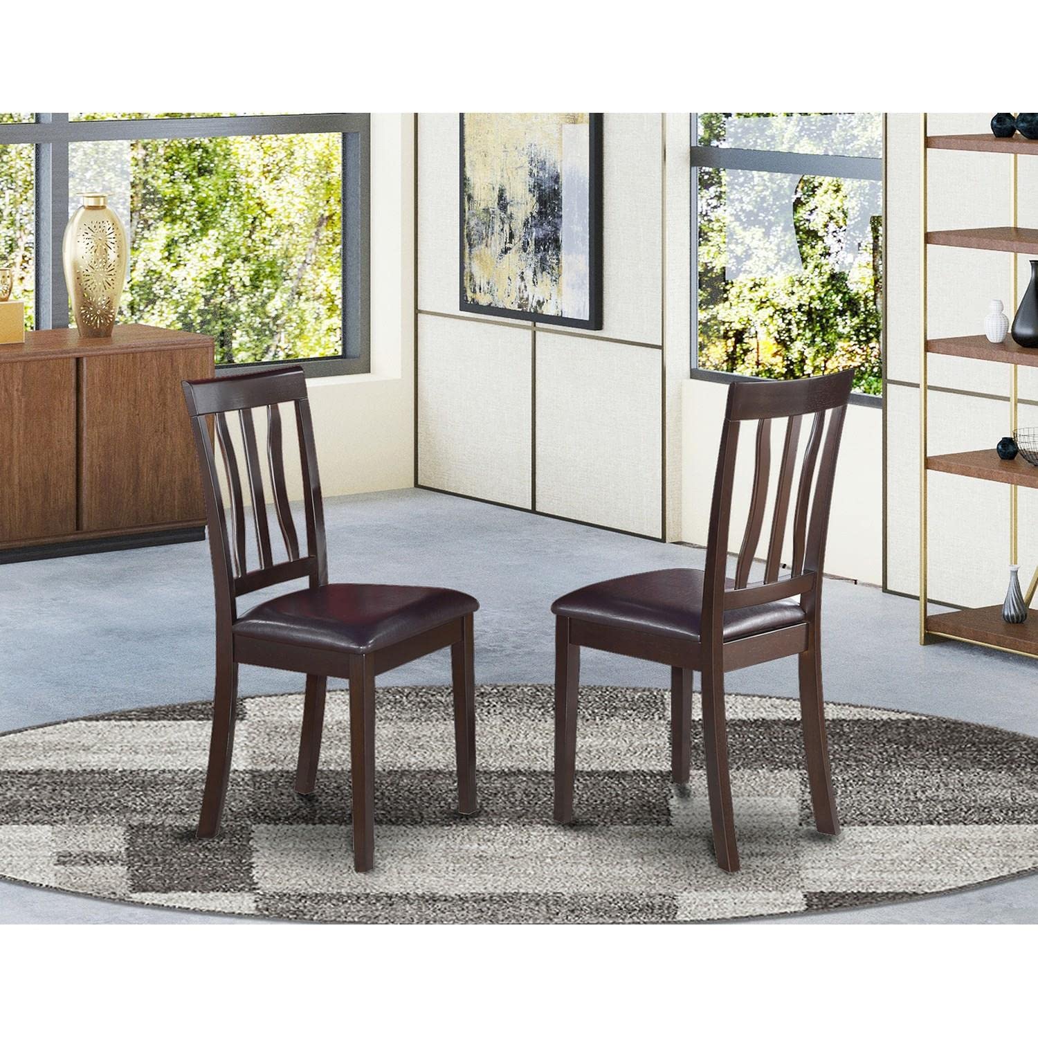 East West Furniture ANC-CAP-LC Antique Dining Chairs - Faux Leather Upholstered Wooden Chairs, Set of 2, Cappuccino