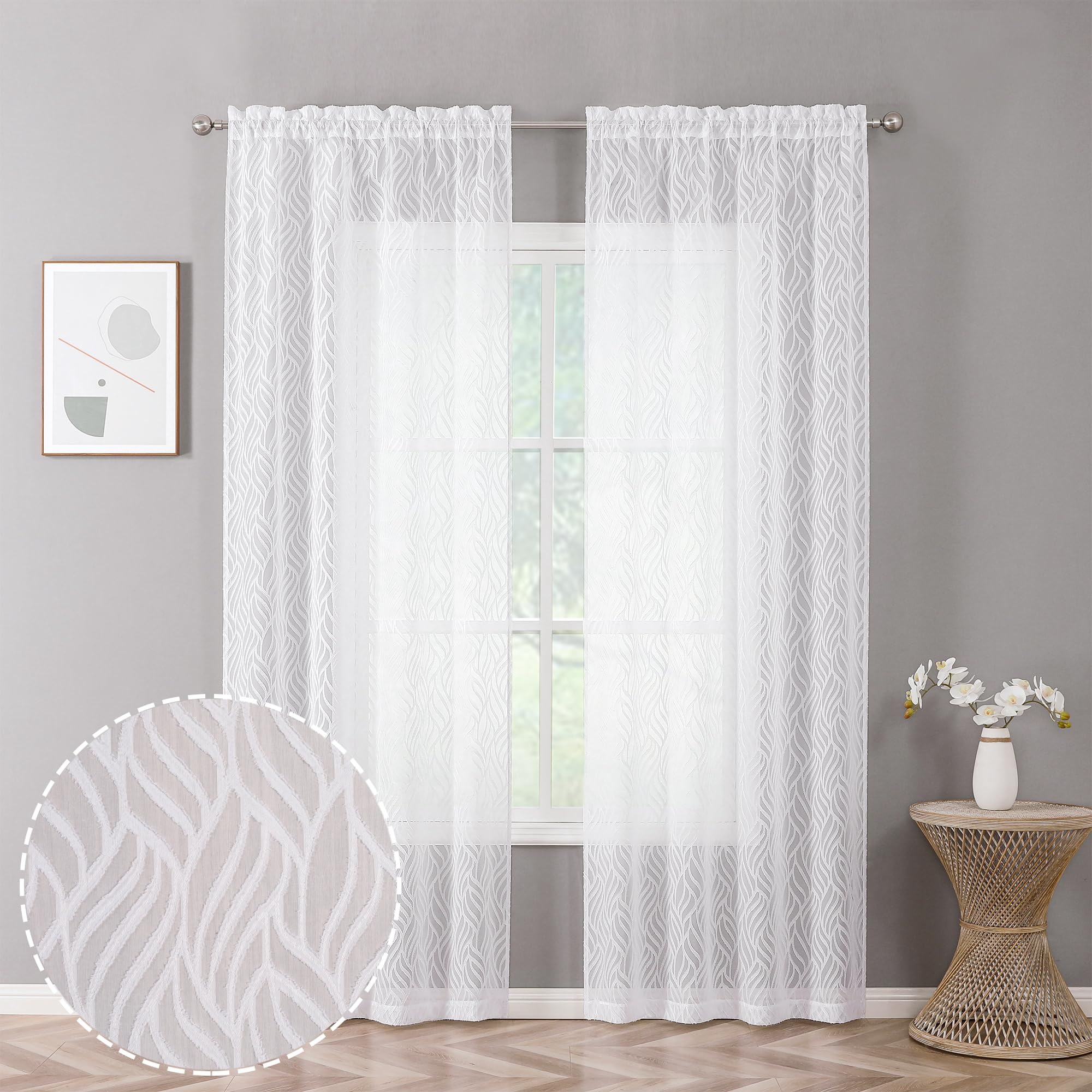 Chyhomenyc Marilyn White Sheer Curtains 84 Inch Length 2 Panels, Light Filtering 3D Leaf Clip Jacquard Textured Voile Sheer Curt