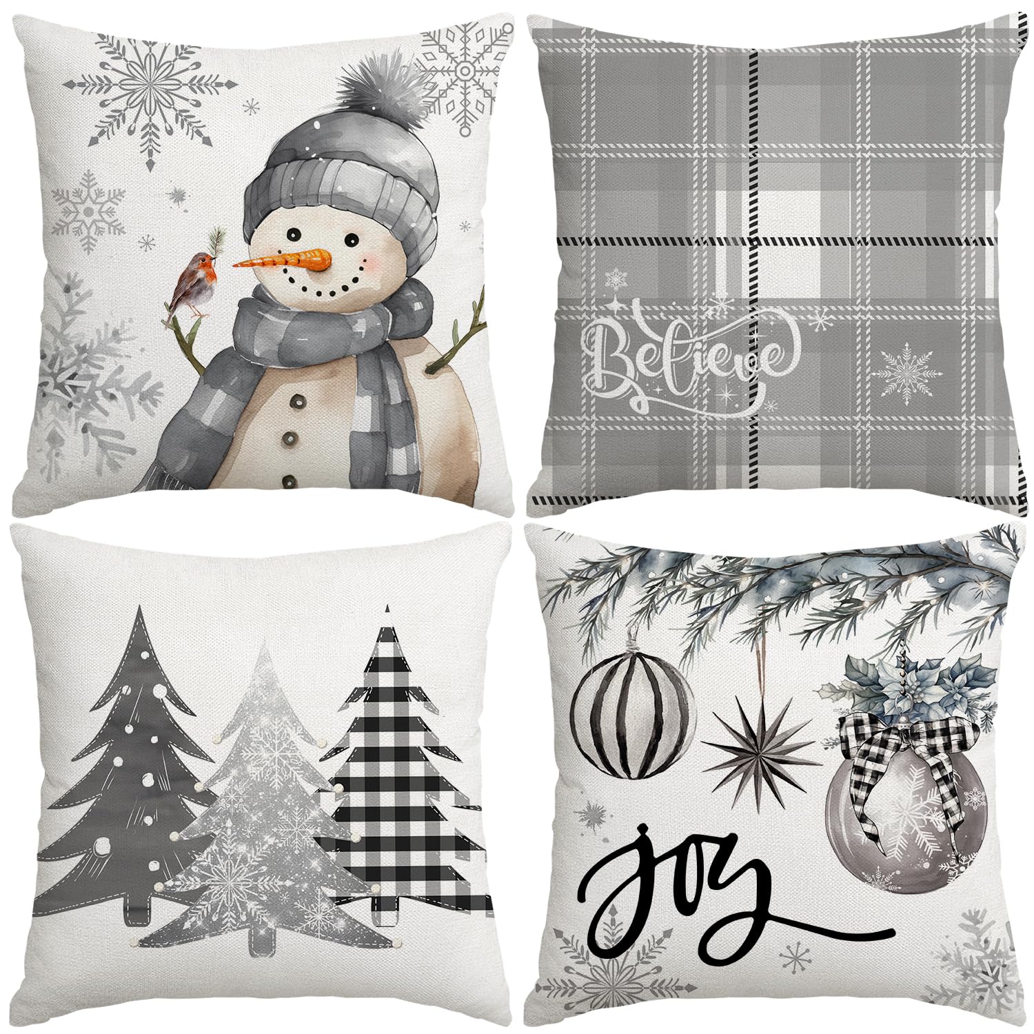 Artmag Christmas Pillow Covers 18X18 Inch Set Of 4, Decorative Farmhouse Snowman Joy Believe Christmas Tree Grey Pillow Covers F