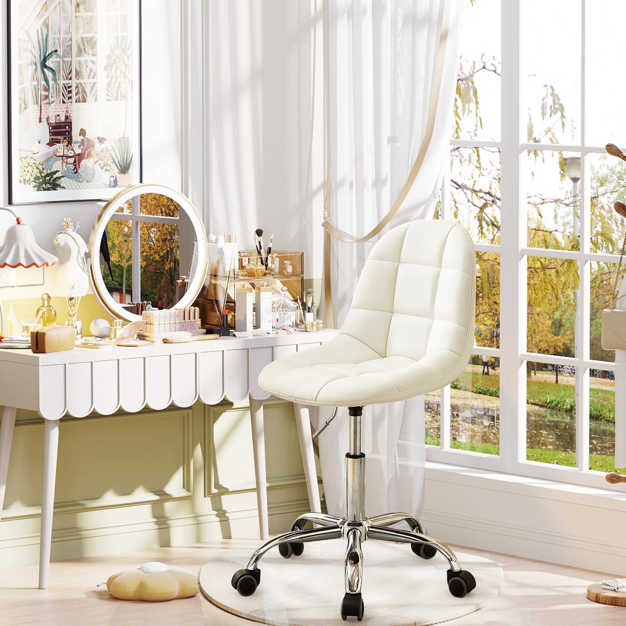 VECELO Armless Home Office Desk Chair, Height Adjustable, PU Leather 360 Degree Swivel with Wheels, Stylish Casual Vanity Seat f
