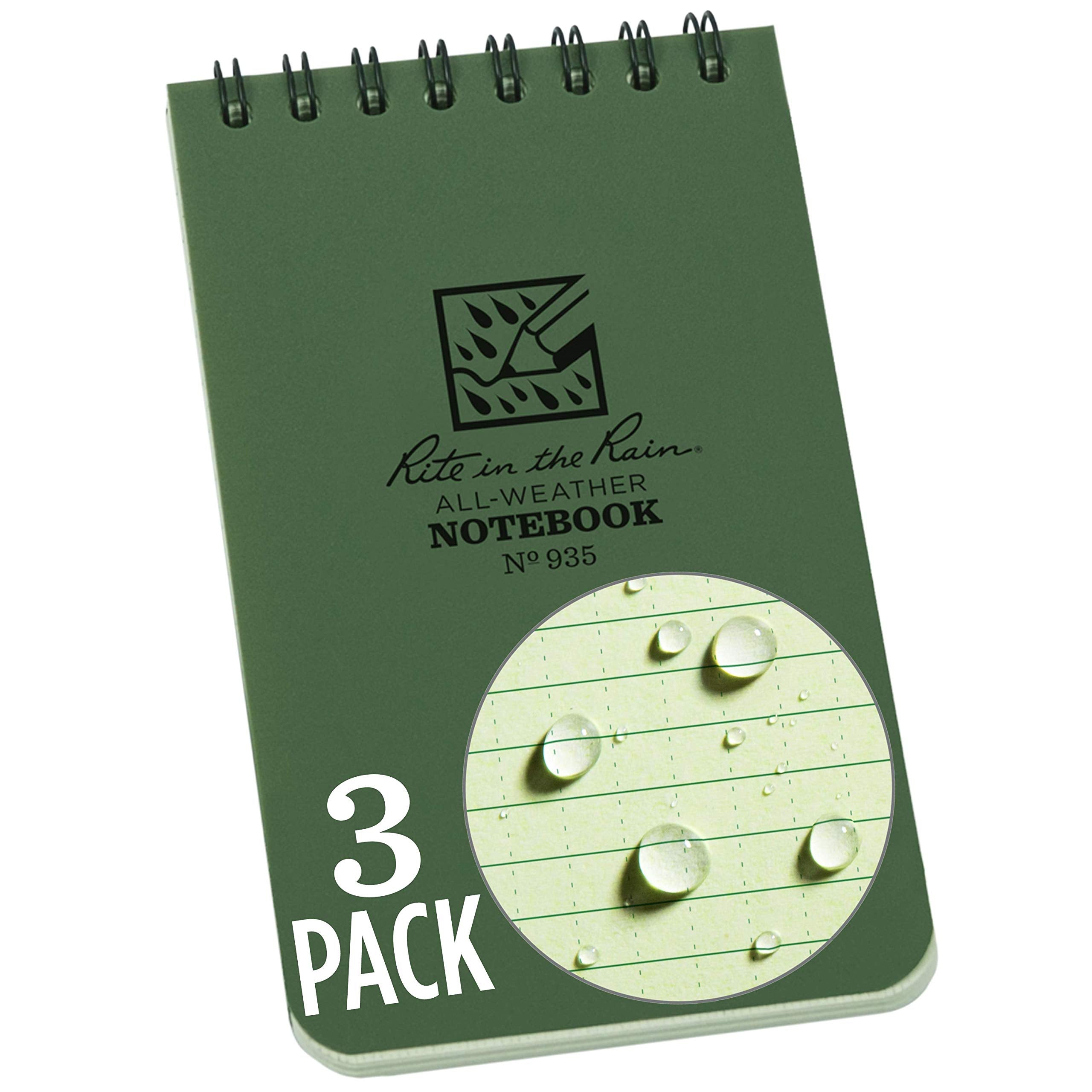 Rite In The Rain Weatherproof Top-Spiral Notebook, 3' X 5', Green Cover, Universal Pattern, 3 Pack (No. 935-3)