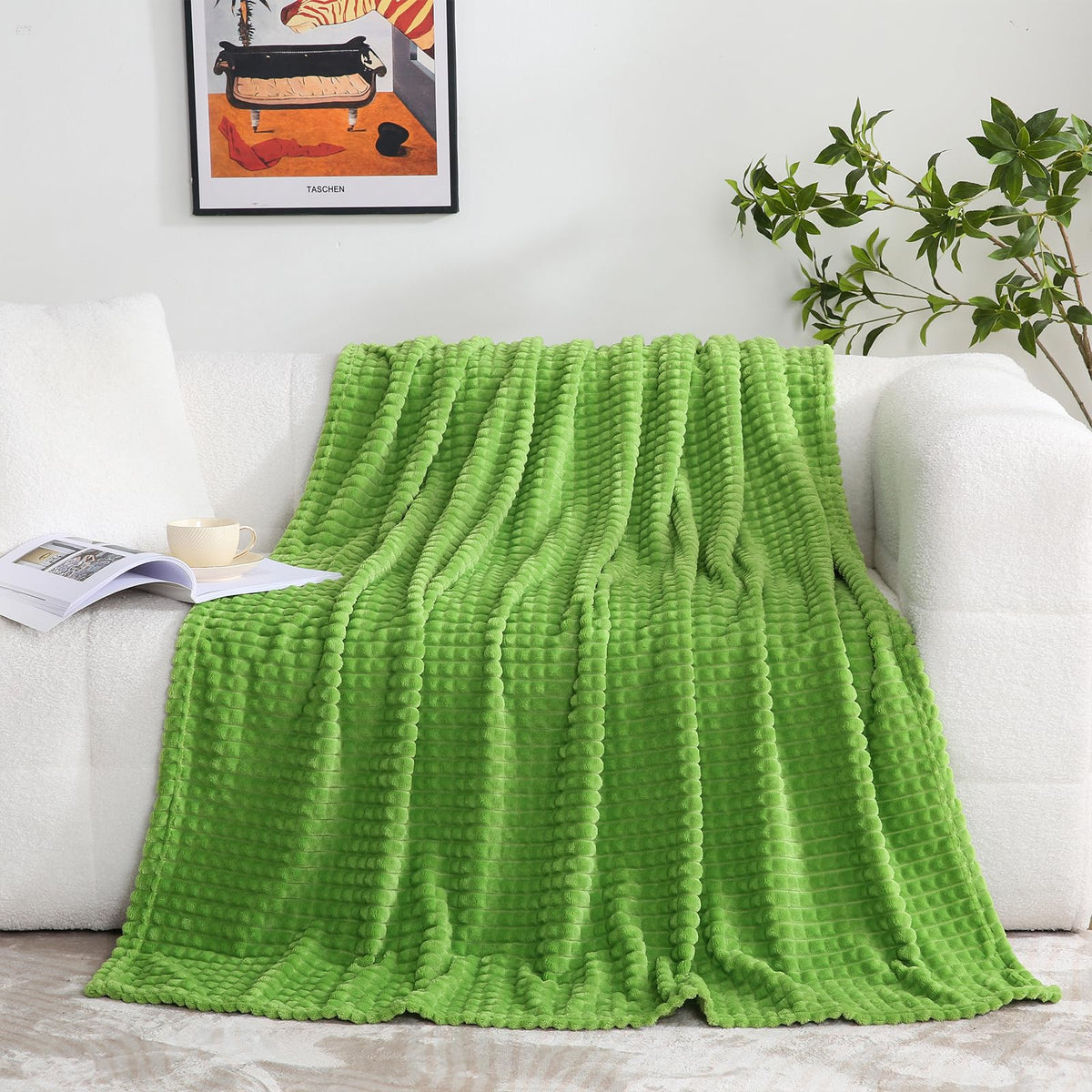 Puncuntex Flannel Fleece Throw Blanket Apple Green 60'  80',Super Soft Plush Cozy Blanket With Square Grid Design Luxury For C