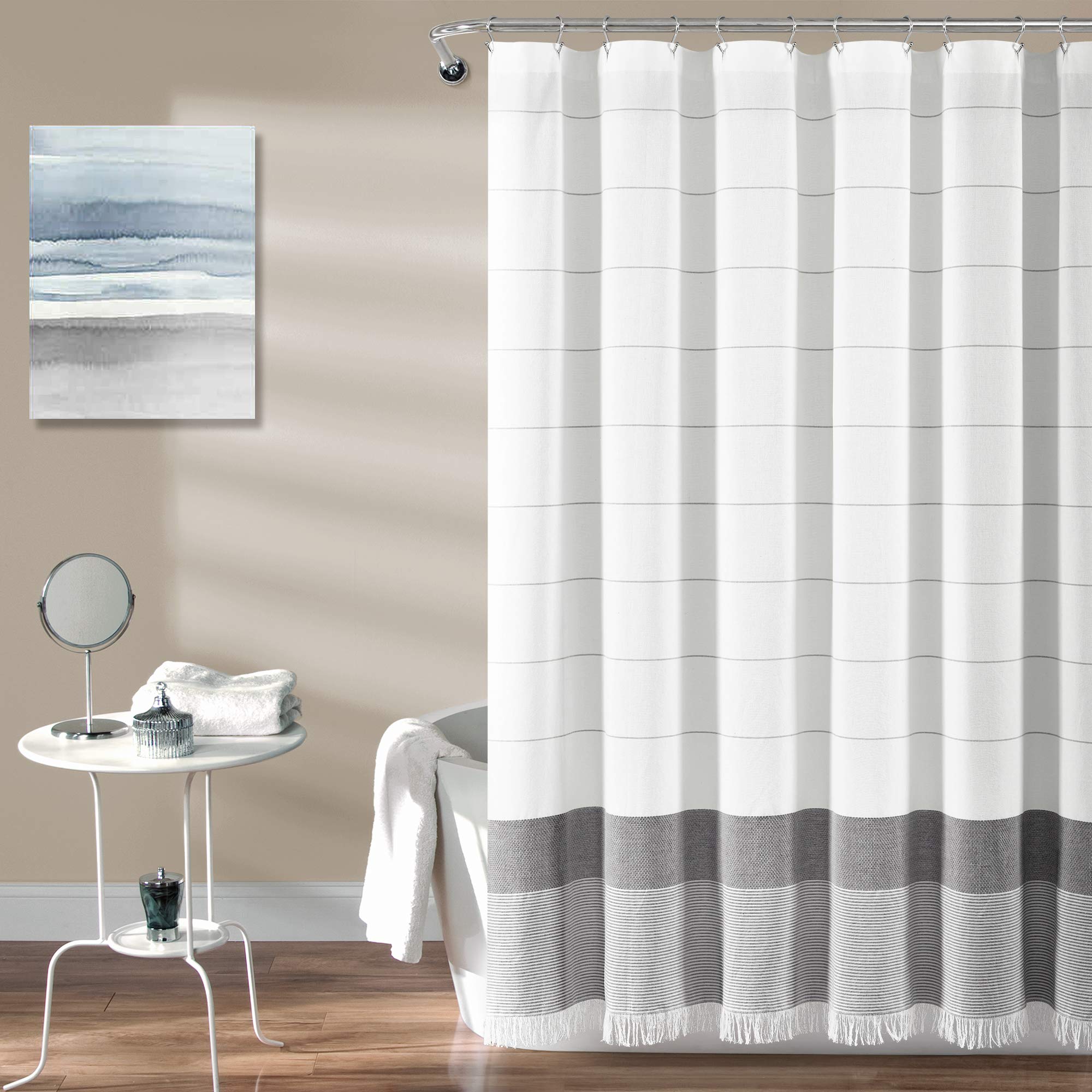 Lush Decor White Woven Cotton Shower Curtain With Gray Stripe And Tassel Fringe, Bathroom Accessories (72' X 72')