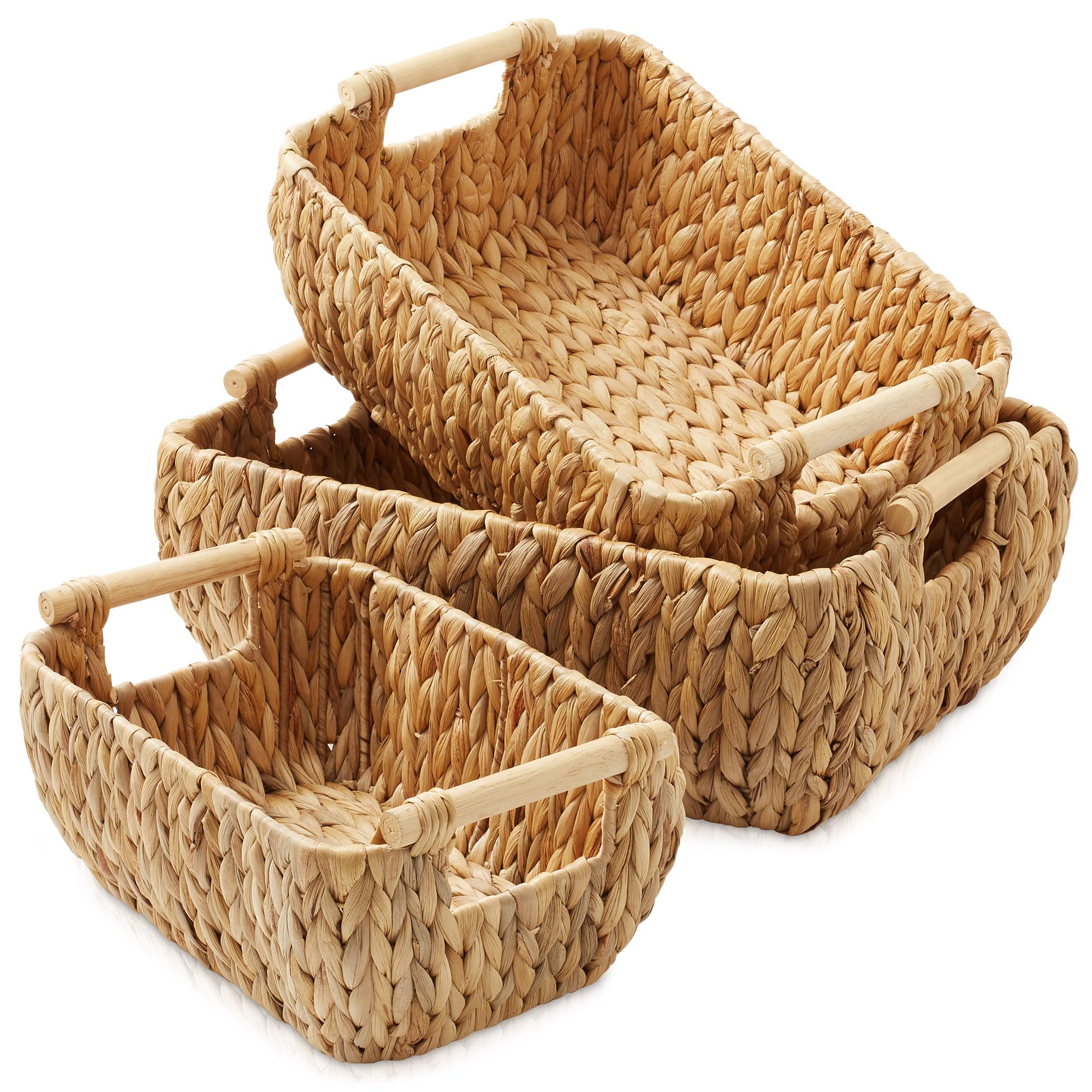 Casafield Set of 3 Water Hyacinth Oval Storage Baskets with Wooden Handles - Small, Medium, Large - Woven Nesting Basket Organiz