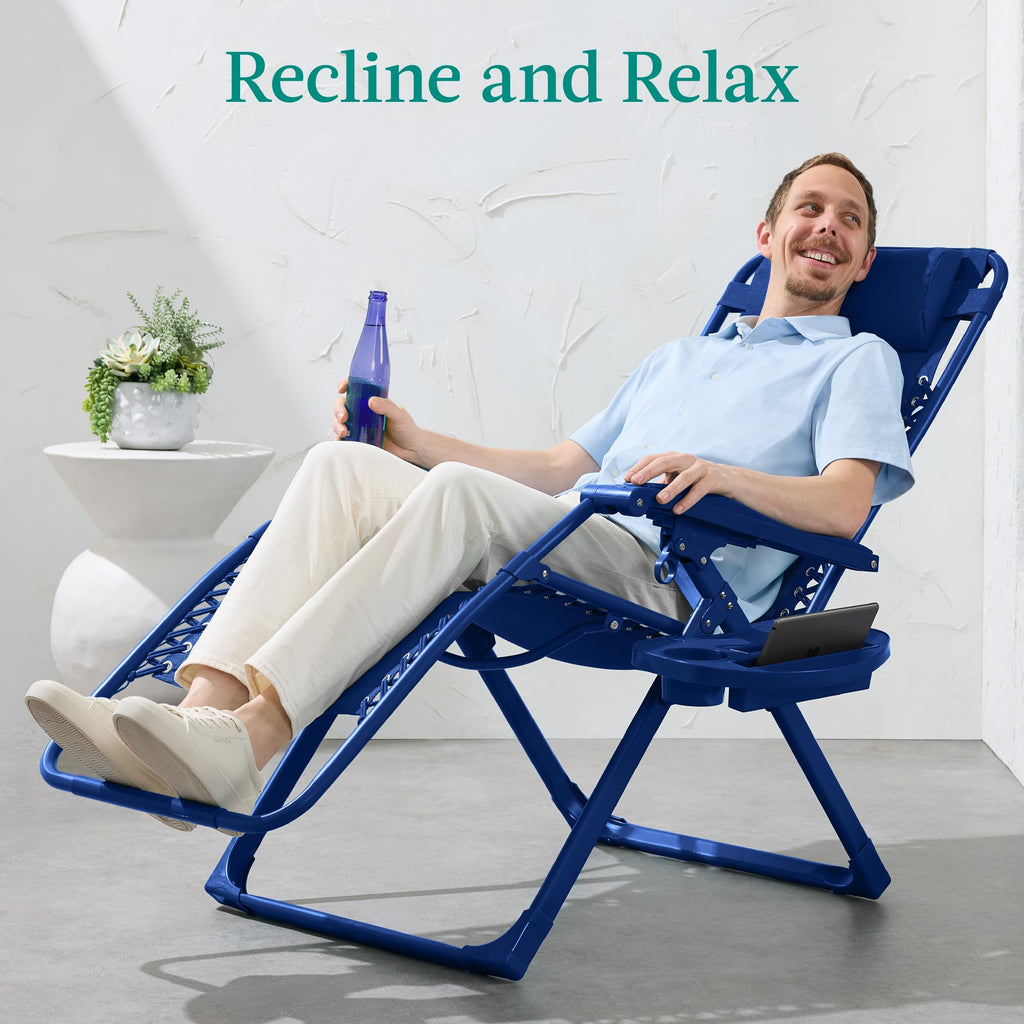 Best Choice Products Adjustable Zero Gravity Chair, Monochromatic Color Folding Patio Recliner W/Side Tray, Headrest - Marine