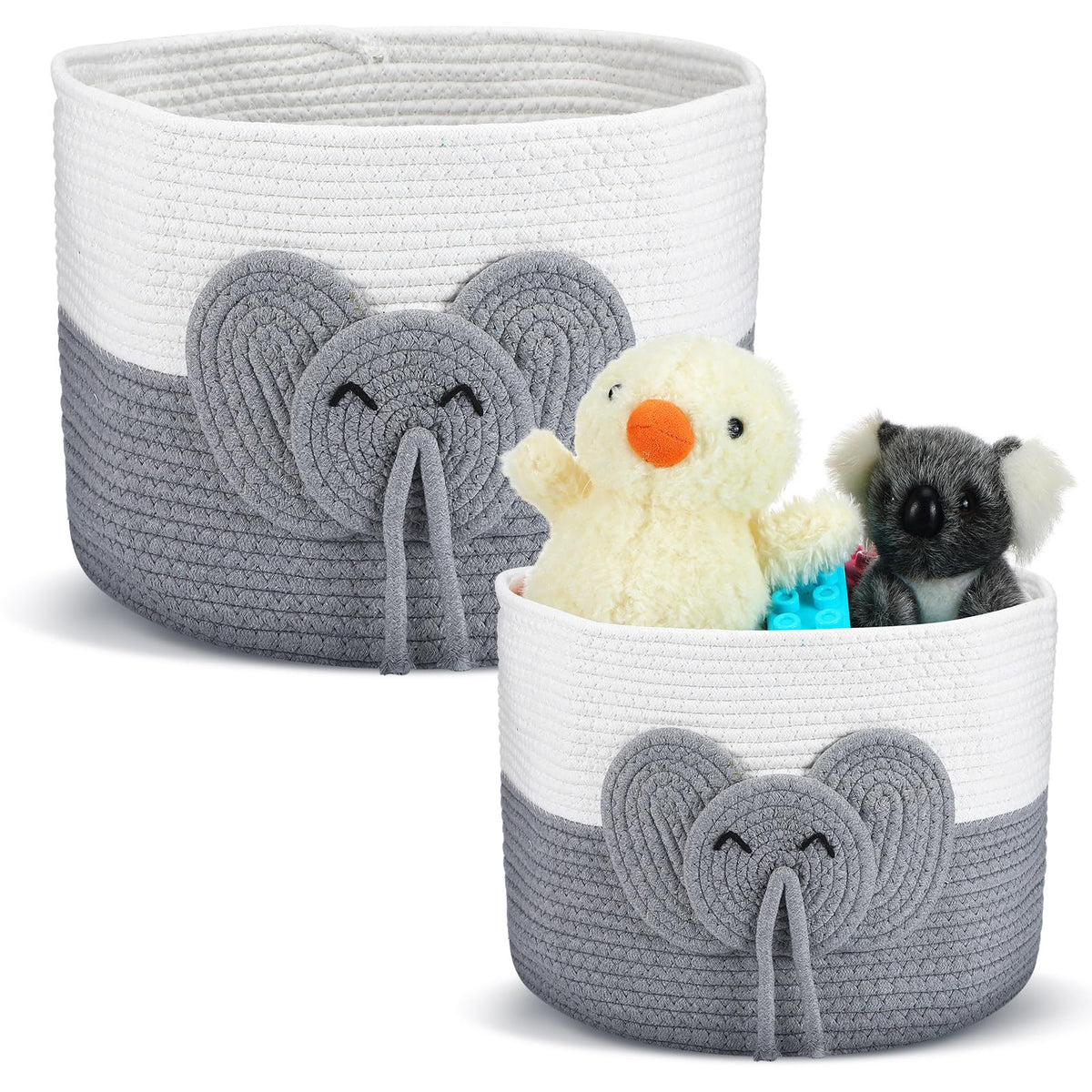 LemonRoad 2 Pcs Cute Elephant Design Storage Basket for Baby Nursery Cotton Rope Baby Organizer Elephant Pattern Toy Laundry Dia
