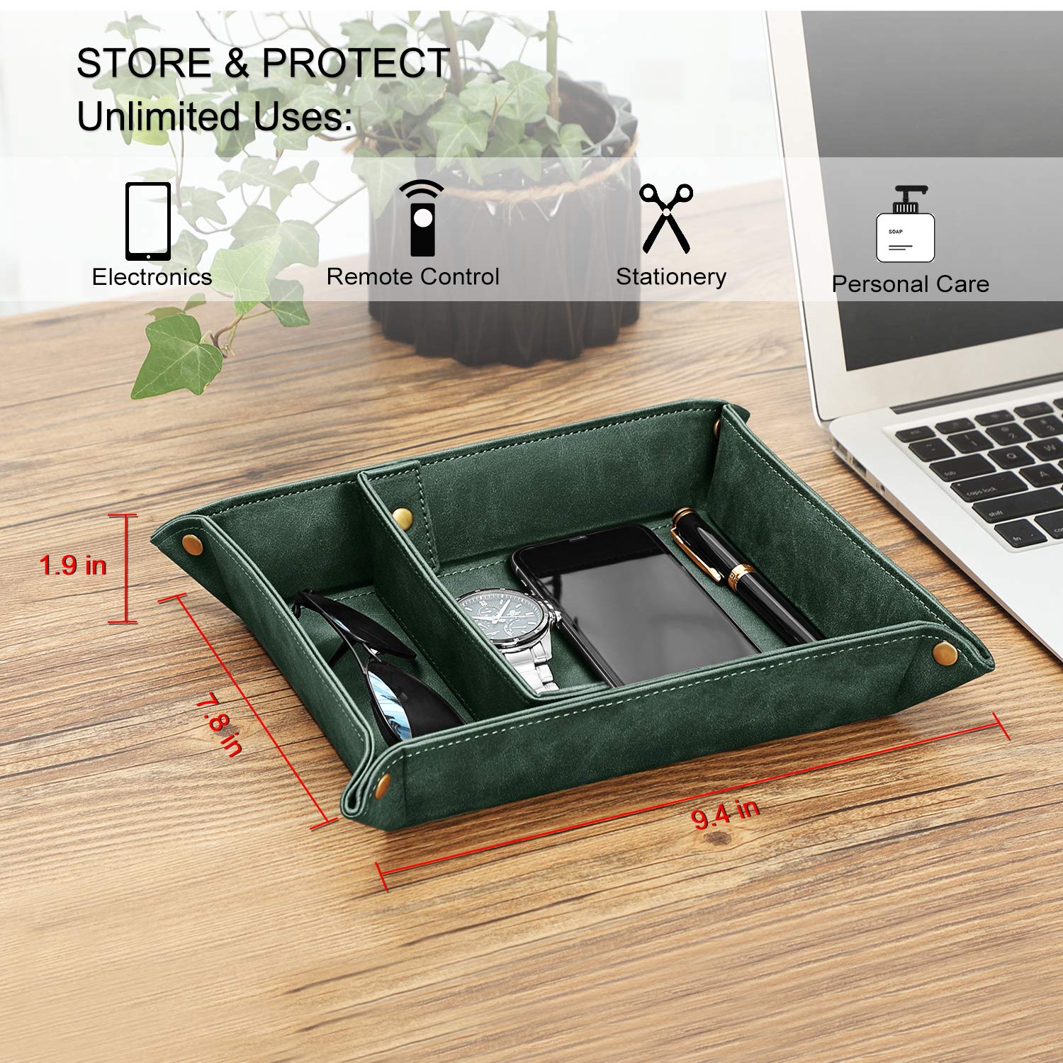 Sithon Valet Tray Desktop Storage Organizer - Removable 2 Compartments Catchall Tray Bedside Vanity Tray Nightstand Caddy Holder
