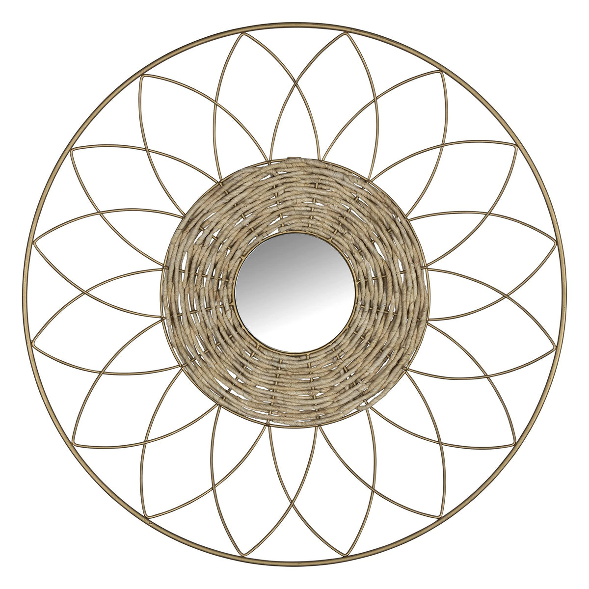 HomeRoots Light Natural Wood 70% Iron 20% Jute 10% Mirror Wooden Sunflower Round Wall Mirror