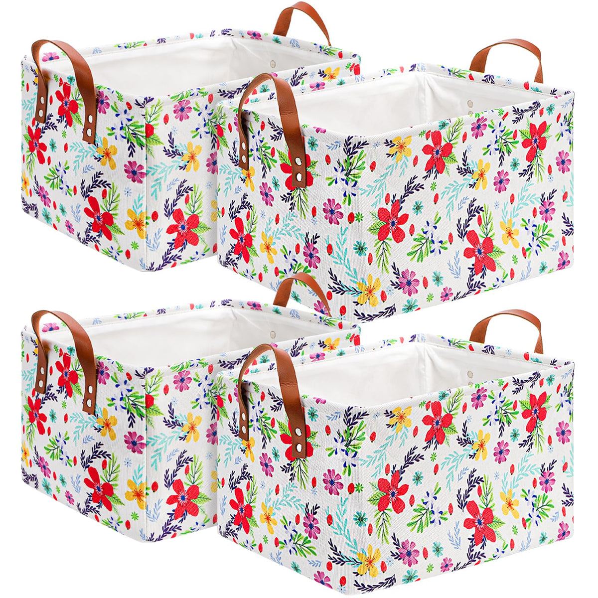 yarlung 4 Pack Floral Storage Bins with Handles, 15x10.5x8 Collapsible Large Storage Basket for Laundry, Decorative Fabric Li