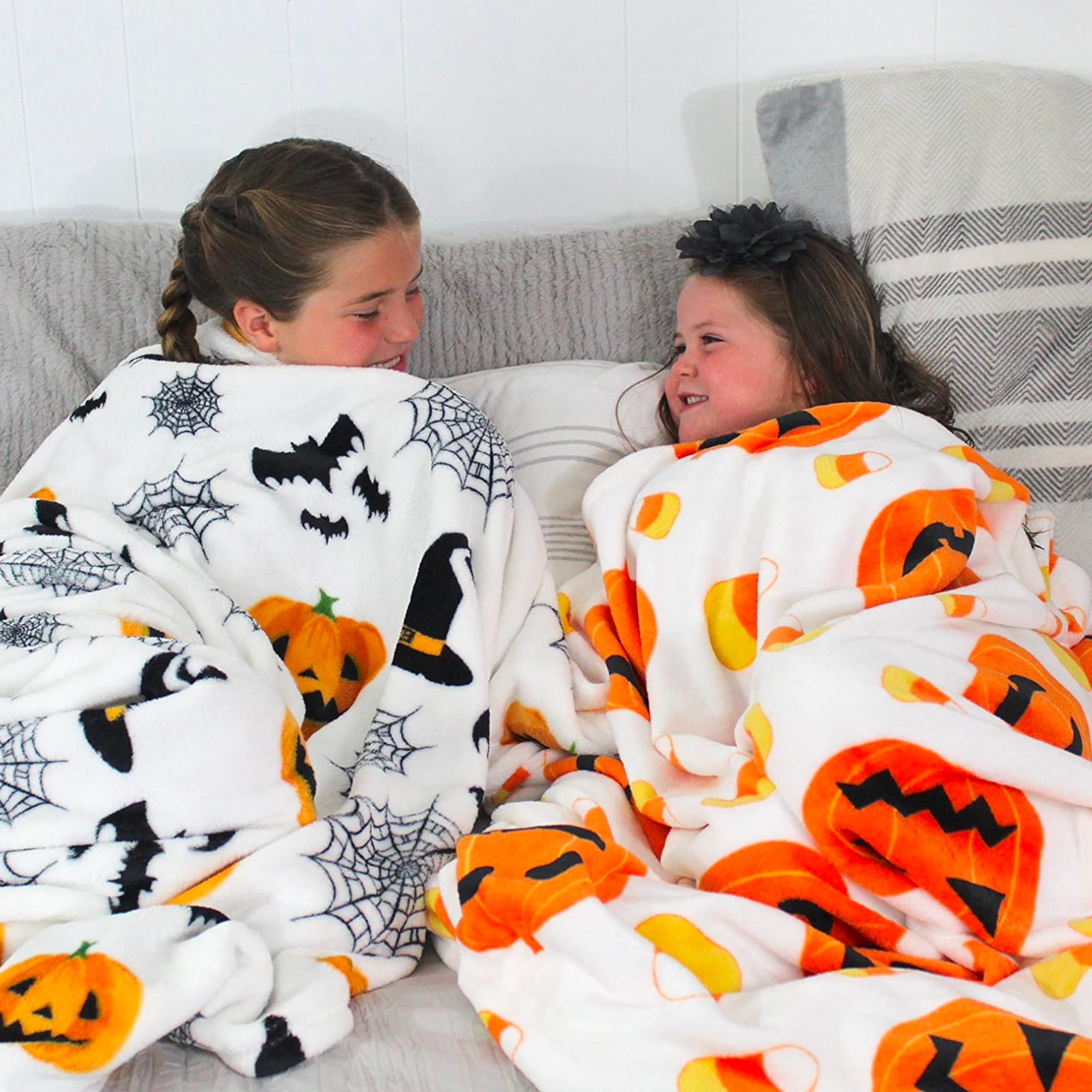 Halloween Throw Blanket: Jack O Lantern Pumpkins With Candy Corns Print On Soft Velvet Fleece For Sofa Bed Couch Chair Or Dorm