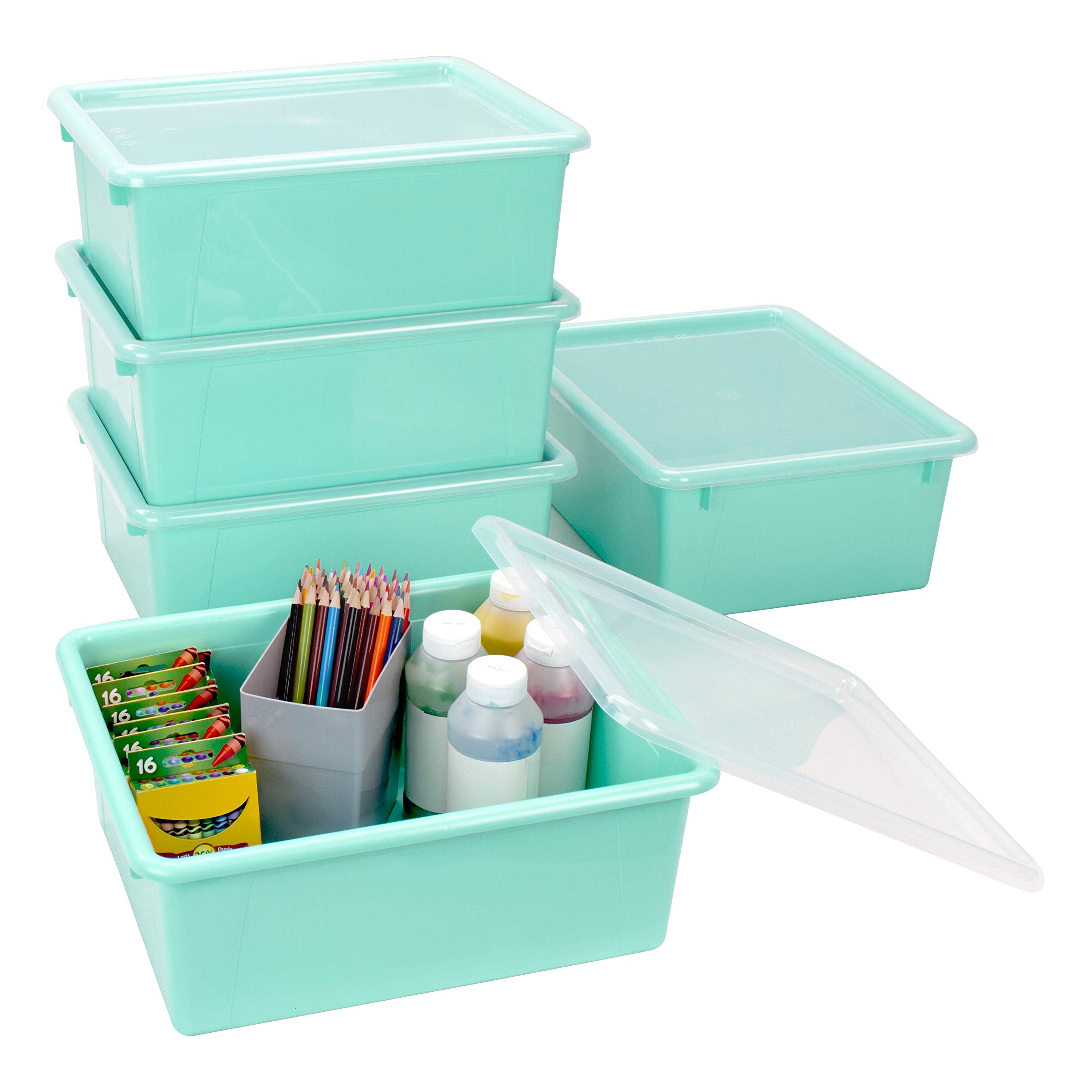 Storex Letter Size Deep Storage Tray - Organizer Bin With Non-Snap Lid For Classroom, Office And Home, Teal, 5-Pack (62549A05C)